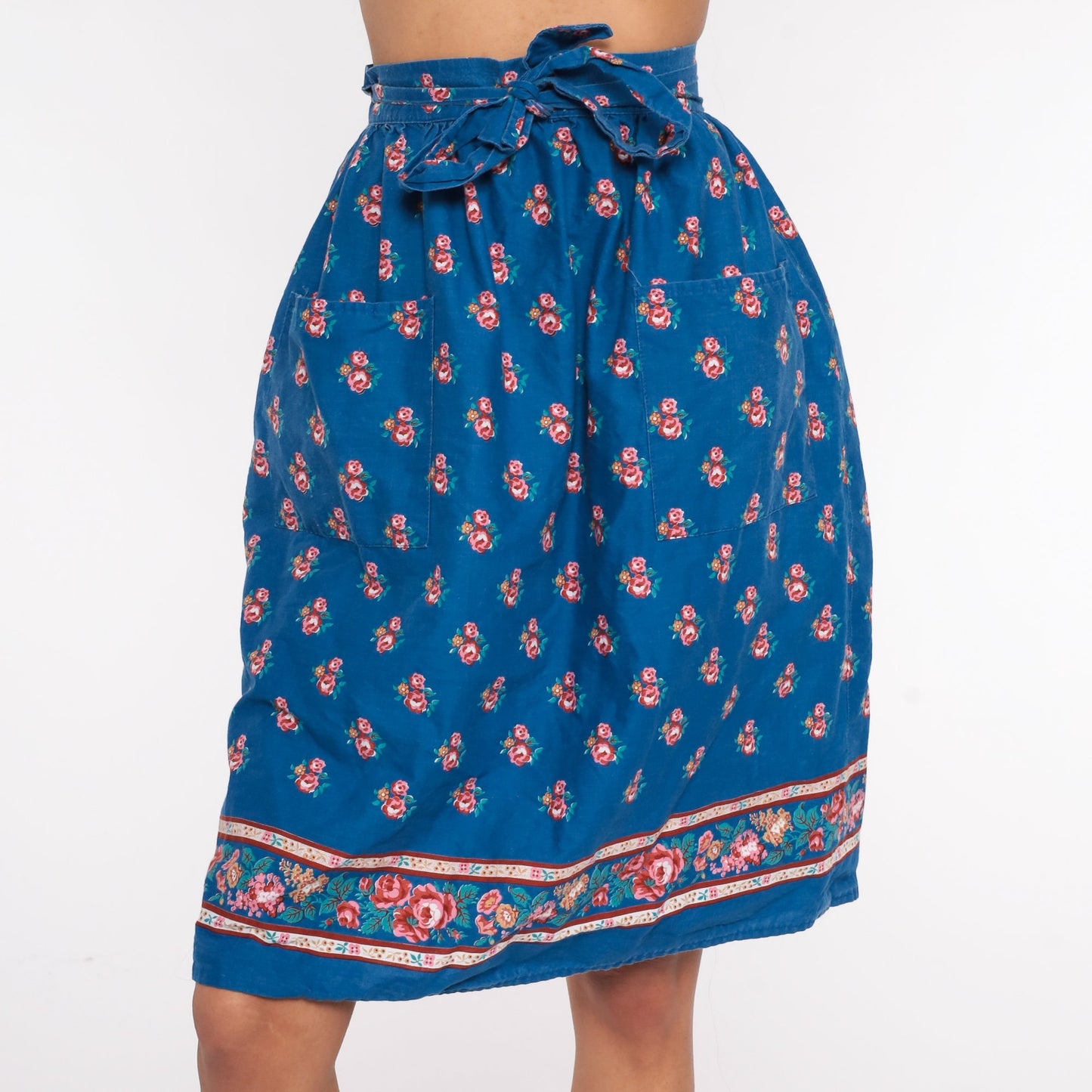 70s Floral Wrap Skirt Midi Blue Print Cotton High Waist Small Medium