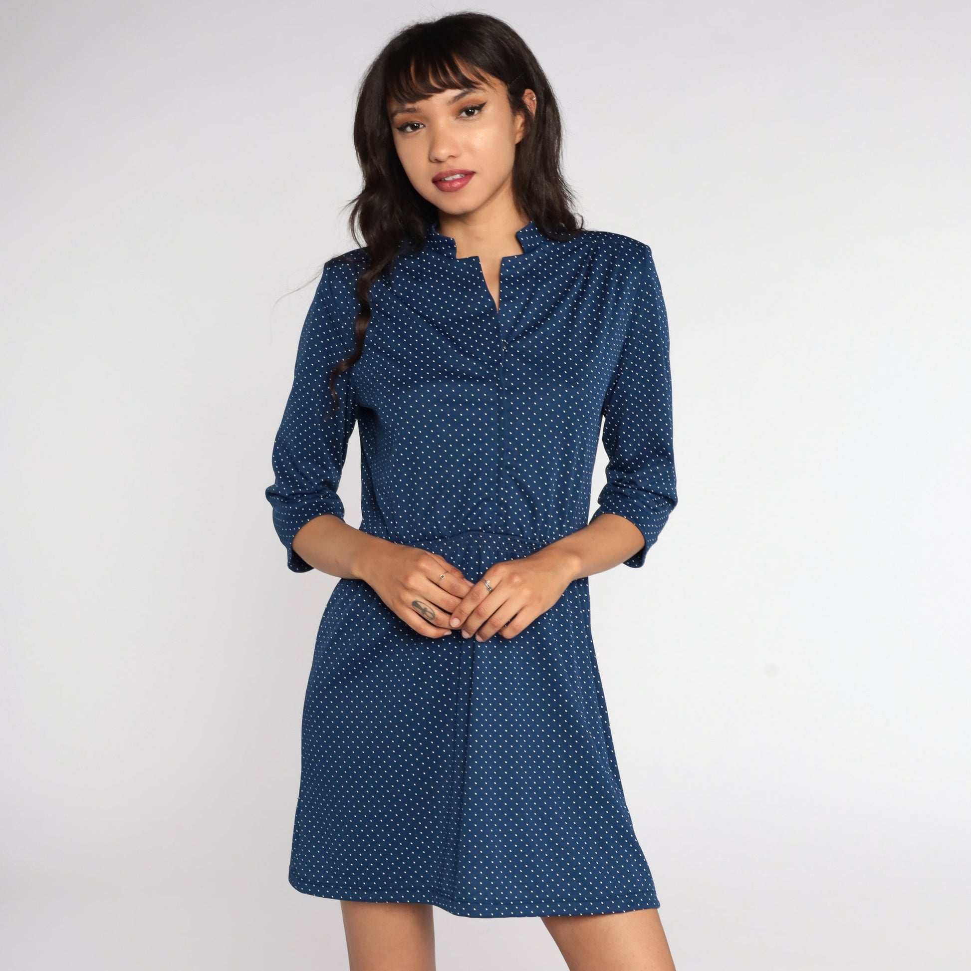 70s Blue Polka Dot Mini Dress High Waisted Short Sleeve Medium