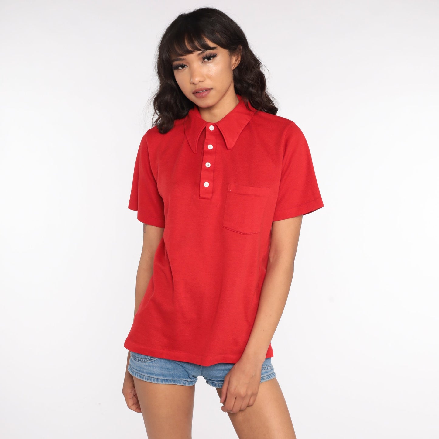 70s Red Polo Shirt Half Button Up Collared Short Sleeve Medium Large