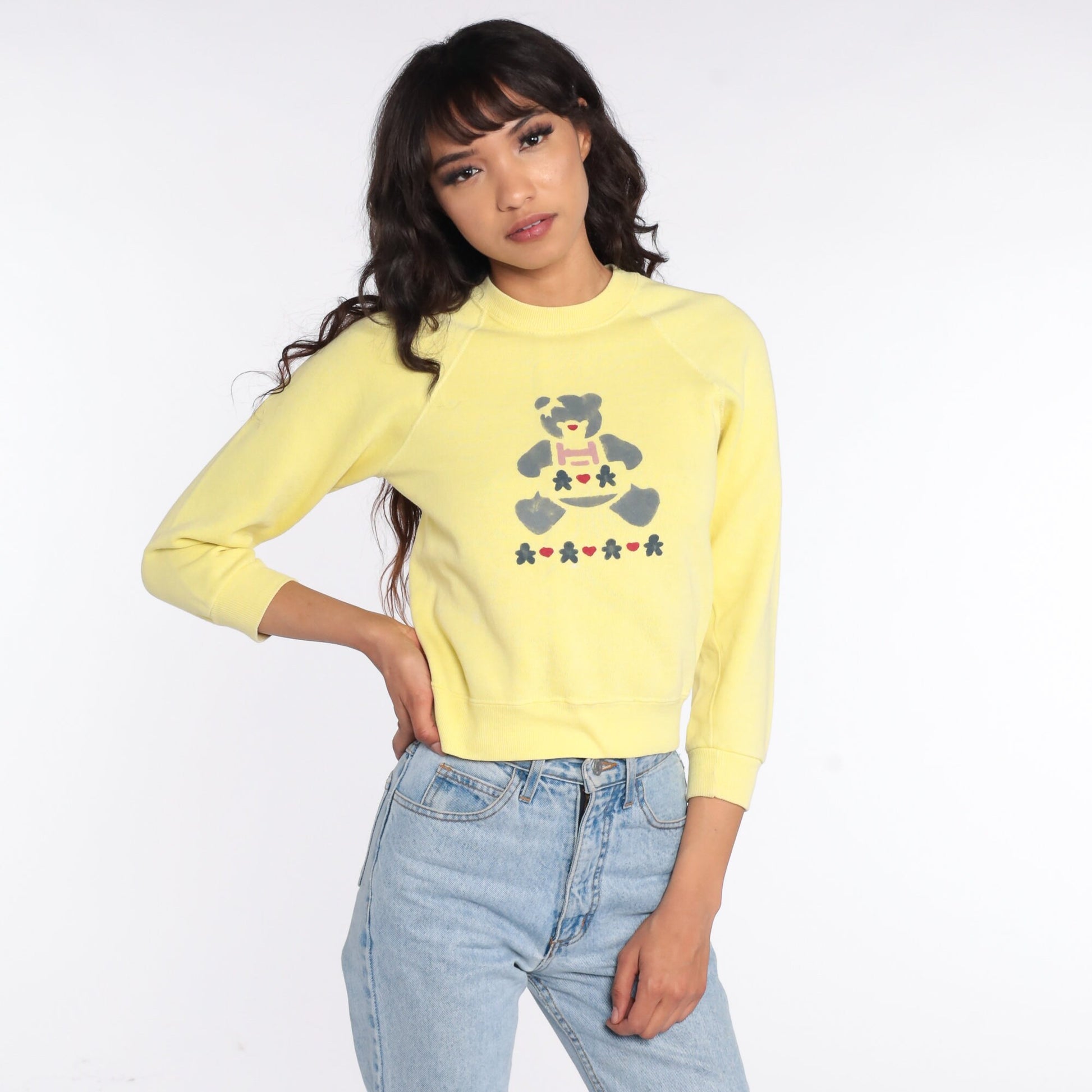 80s Teddy Bear Print Raglan Sweatshirt Yellow Graphic Crewneck XXS