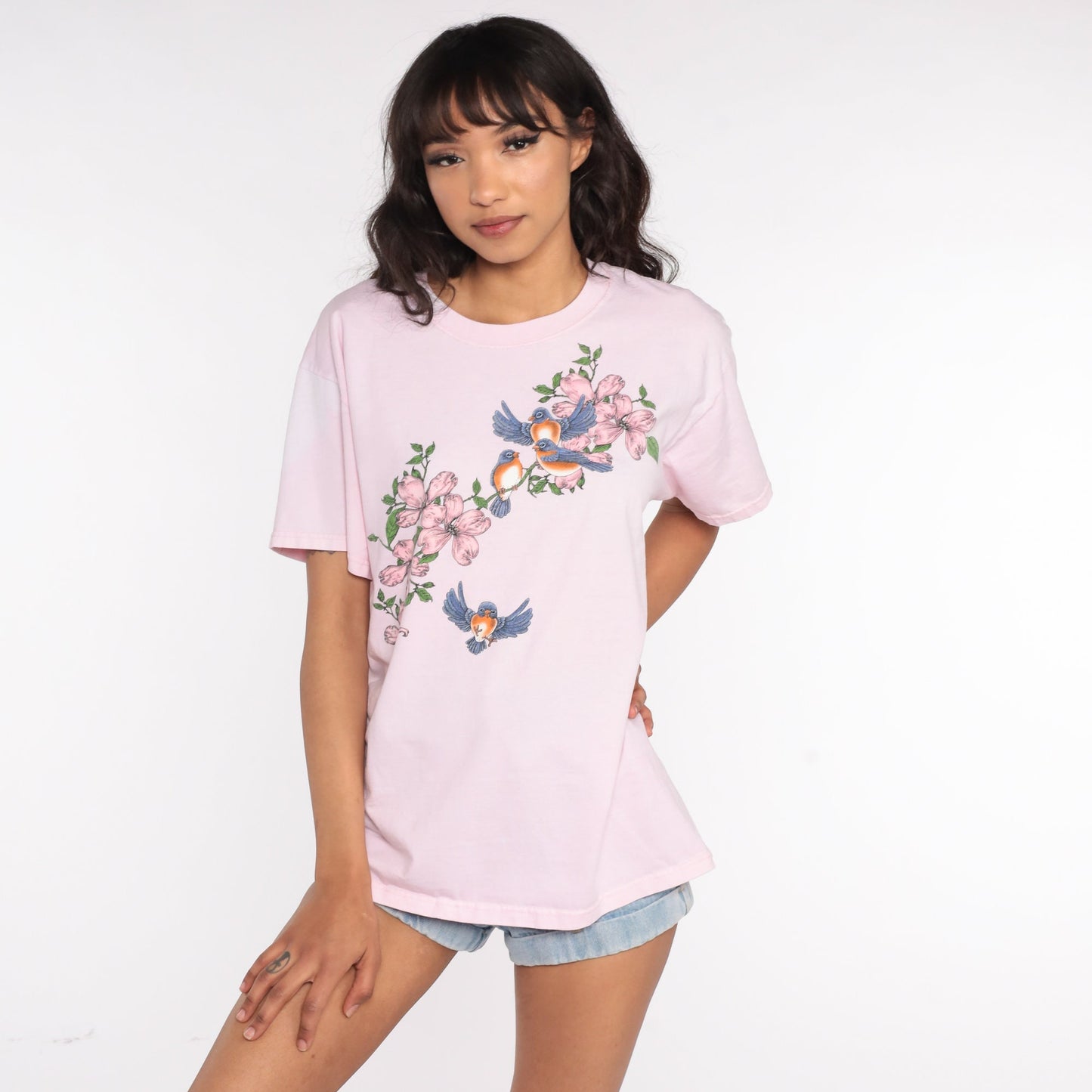 90s Bird Floral Graphic T-Shirt Pink Screen Print Vintage Large L
