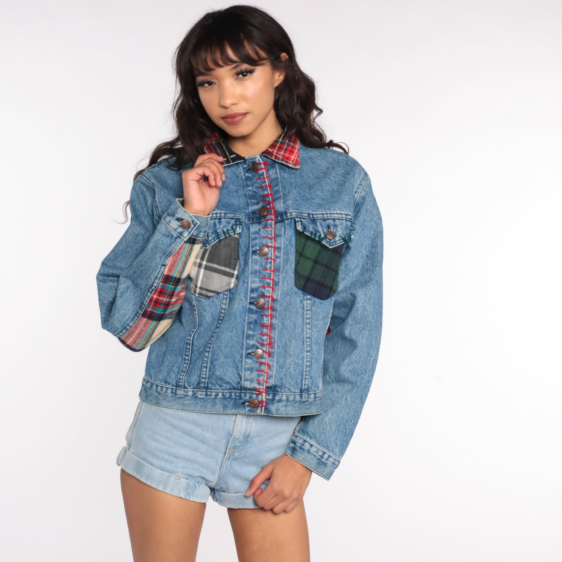 80s Jordache Denim Jacket Patchwork Plaid Blue Jean Coat Medium