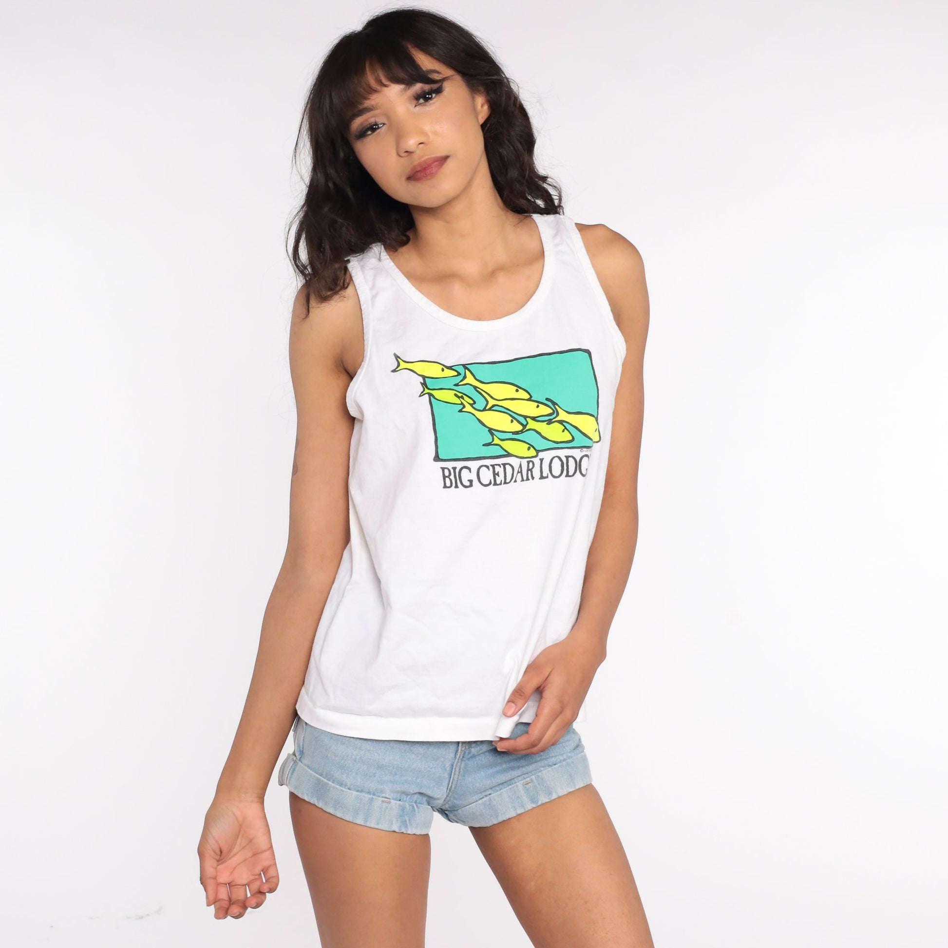 90s Big Cedar Lodge Missouri Fish Tank Top Neon Graphic Medium