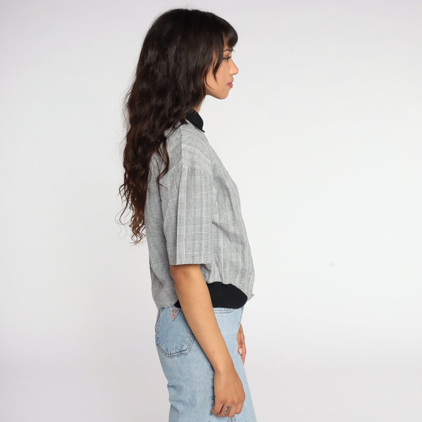 90s Black White Checkered Button-Up Shirt Cotton Short Sleeve Small