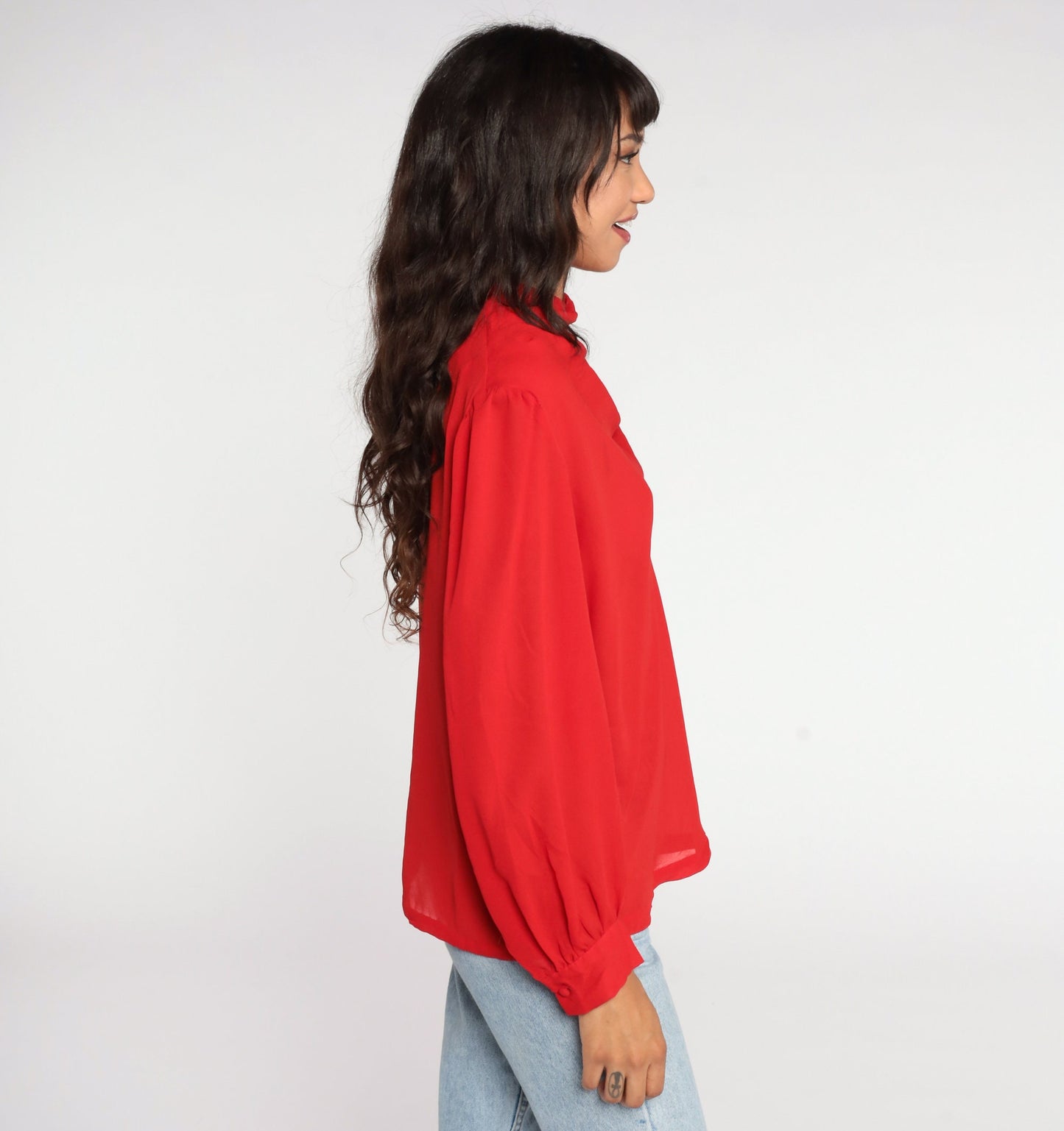 80s Red Sheer Cowl Neck Blouse Puff Sleeve Party Top Large L