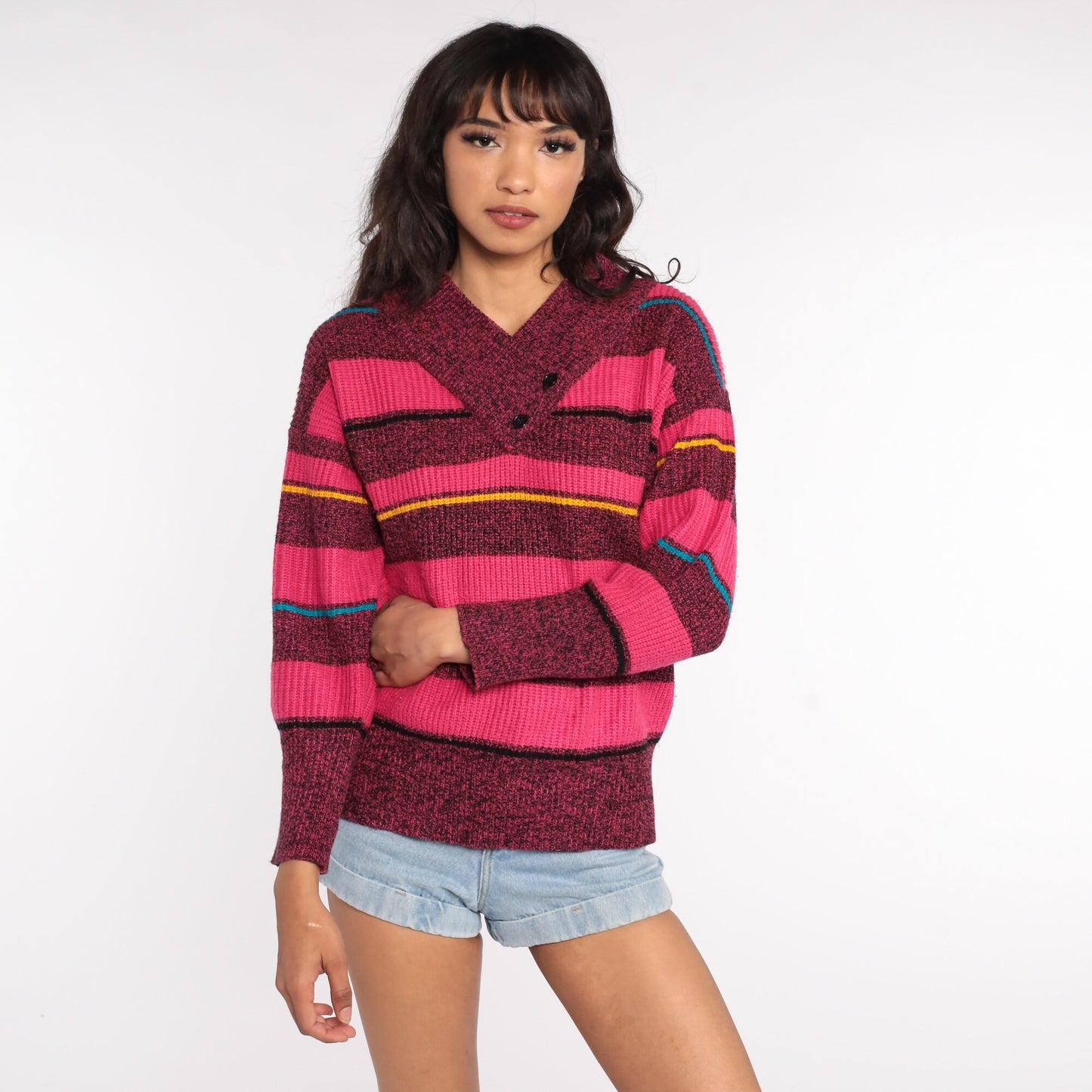 80s Gitano Striped V-Neck Sweater Hot Pink Pullover Medium