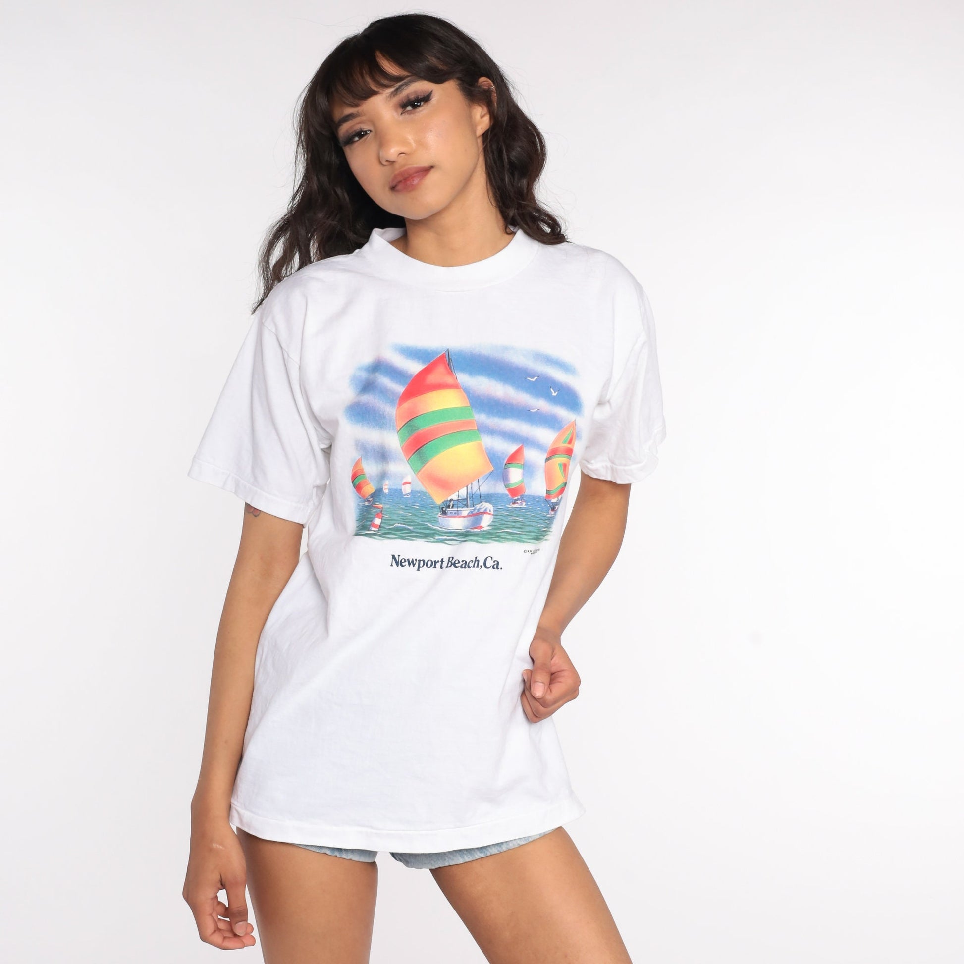 90s Newport Beach Sailboat Graphic T-Shirt California Cotton Tee Medium