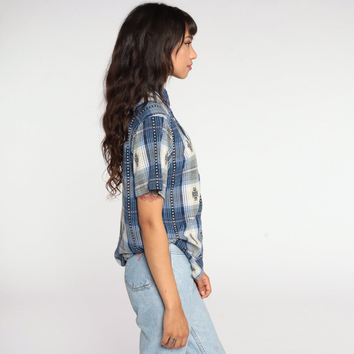 80s Blue Plaid Button-Up Shirt Short Sleeve Medium