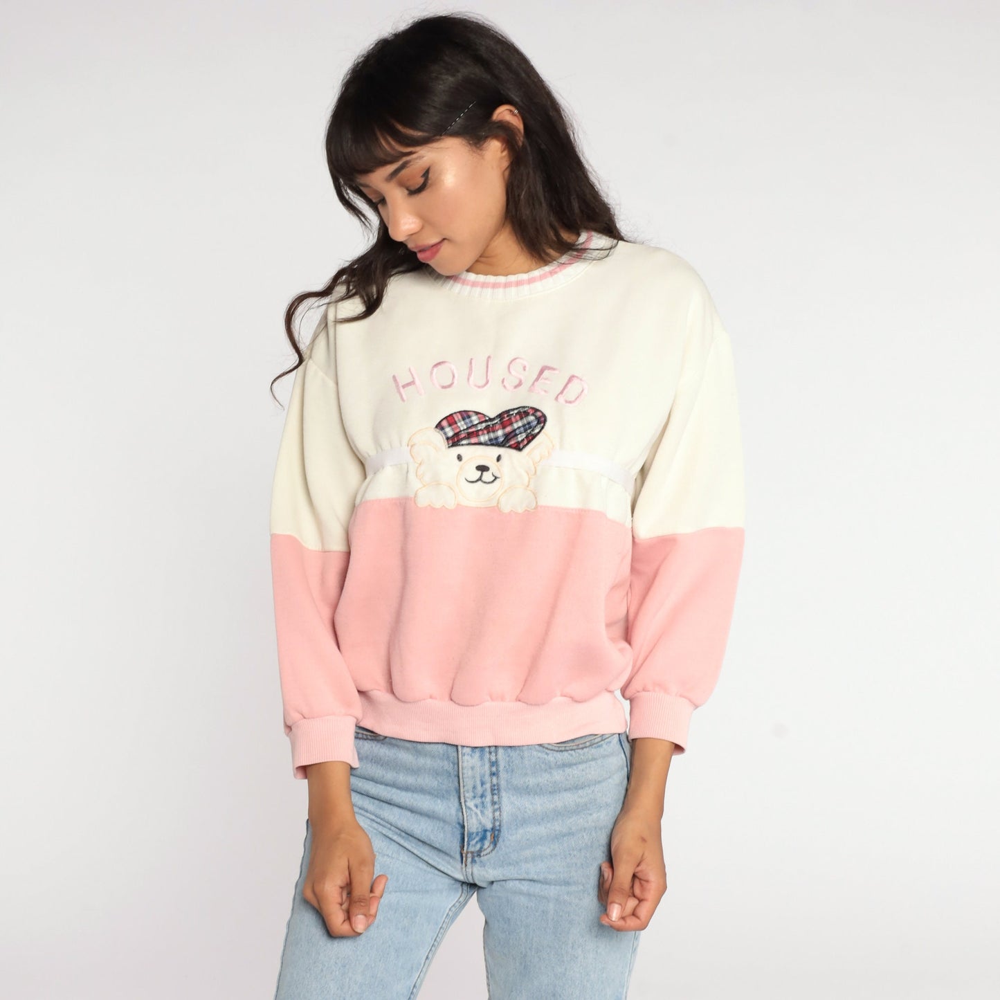 80s Teddy Bear Graphic Sweatshirt Pink Colour Block White Crewneck Small