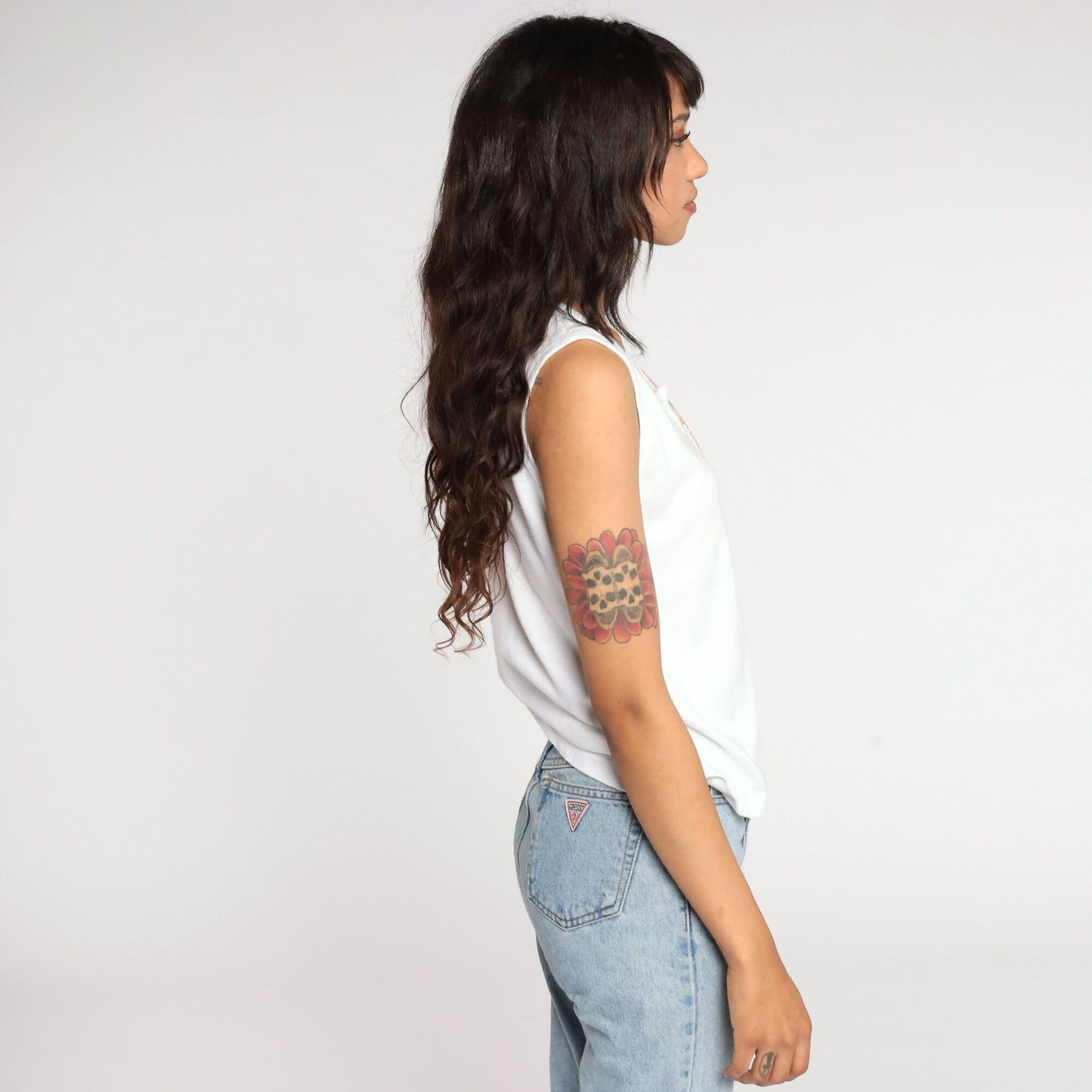 80s White Floral Tank Top Single Stitch Henley Sleeveless Small