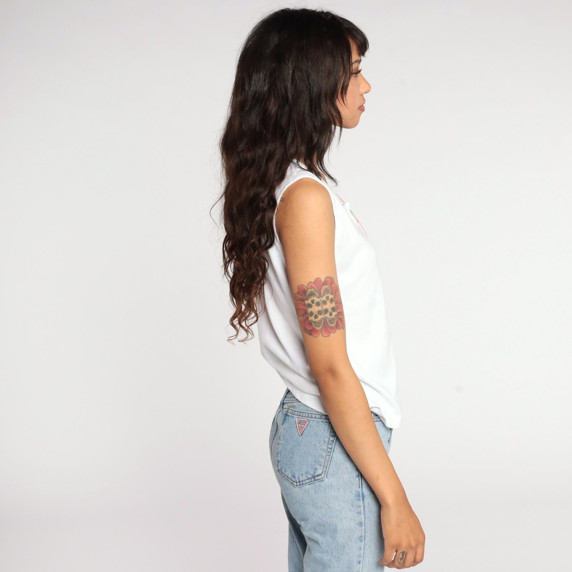 80s White Floral Tank Top Single Stitch Henley Sleeveless Small