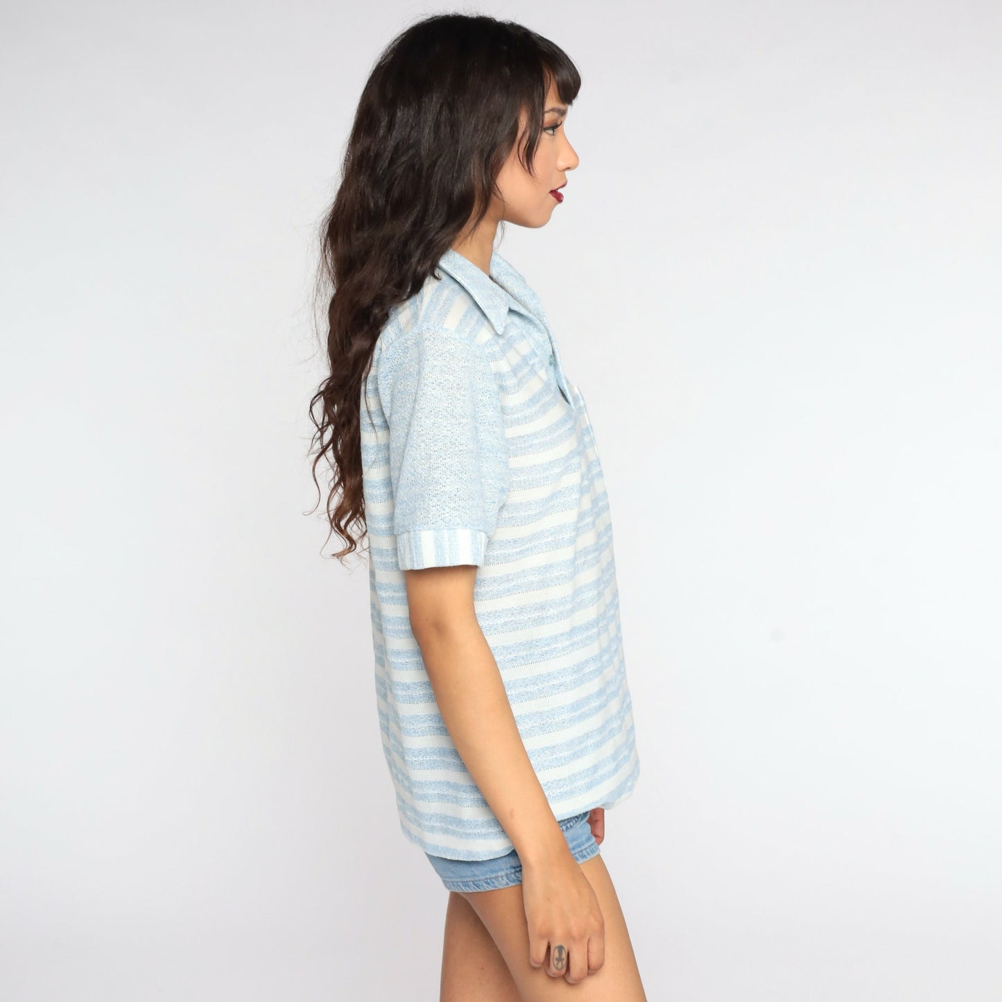 70s Striped Polo Shirt White Baby Blue Half-Button Collared Medium