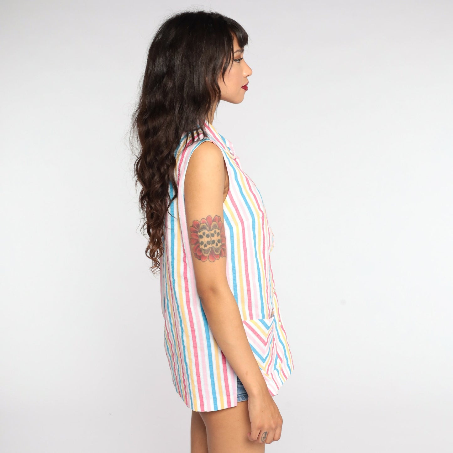 70s Rainbow Striped Button-Up Tank Top Sleeveless Blouse Medium Large