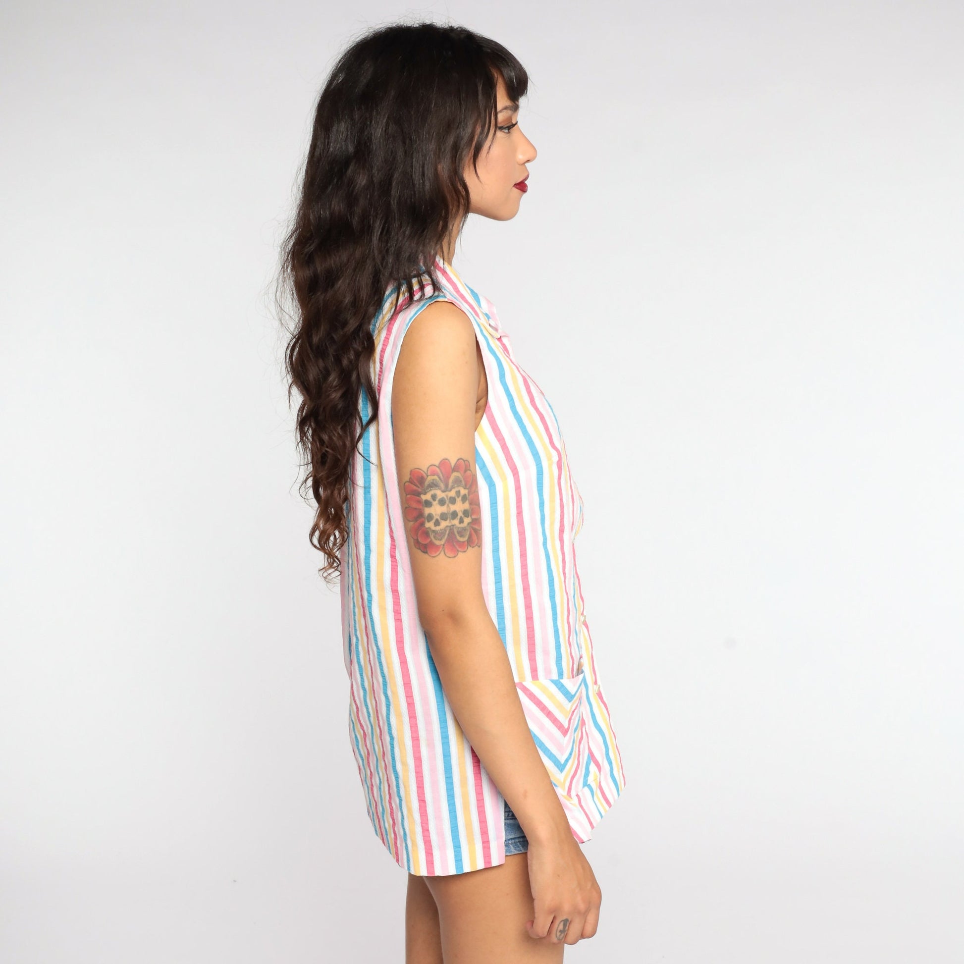 70s Rainbow Striped Button-Up Tank Top Sleeveless Blouse Medium Large