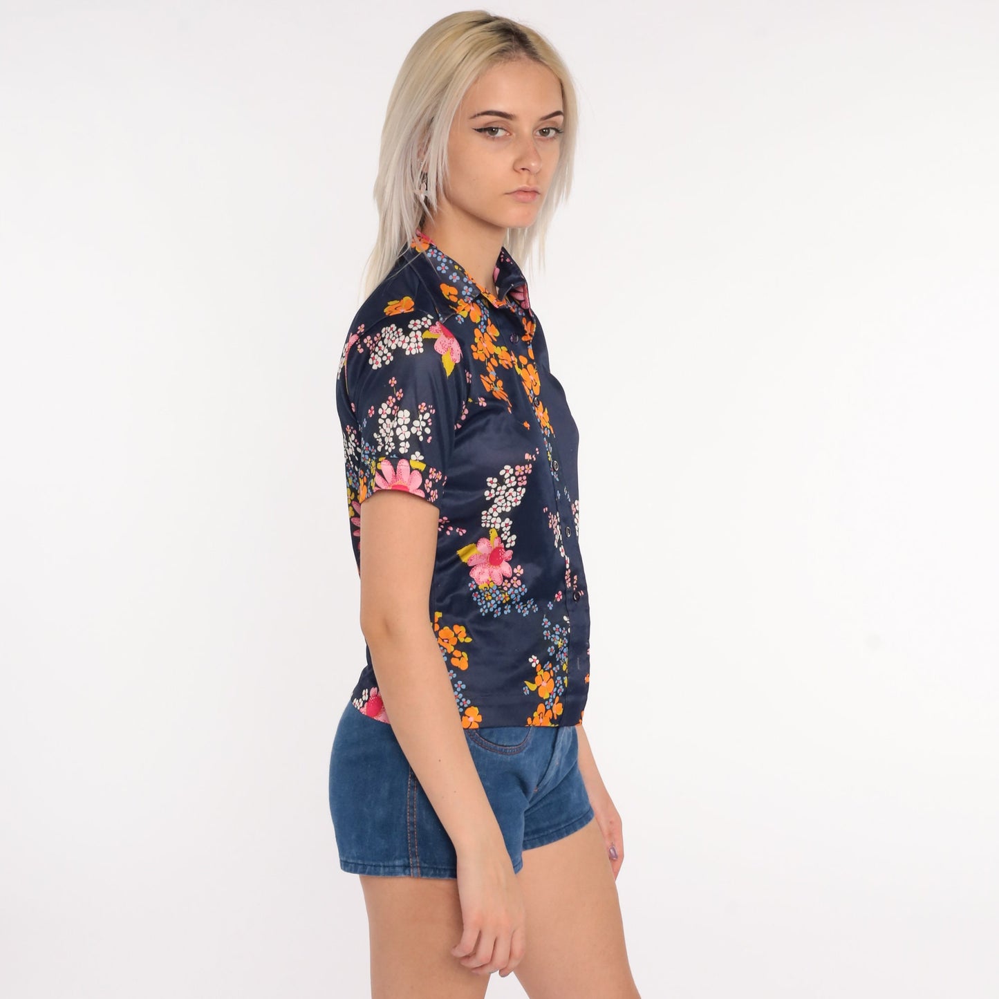 70s Blue Floral Button-Up Blouse Dagger Collar Short Sleeve Small S