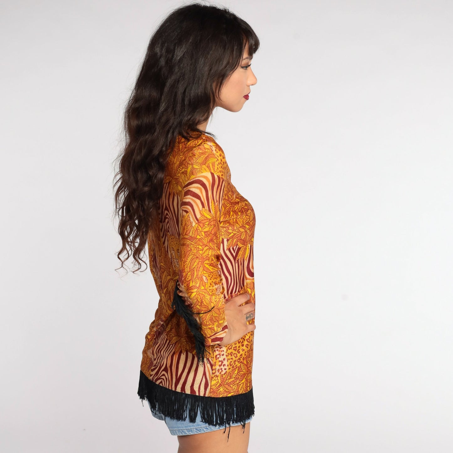 70s Leopard Zebra Animal Print Blouse Fringe Trim Small