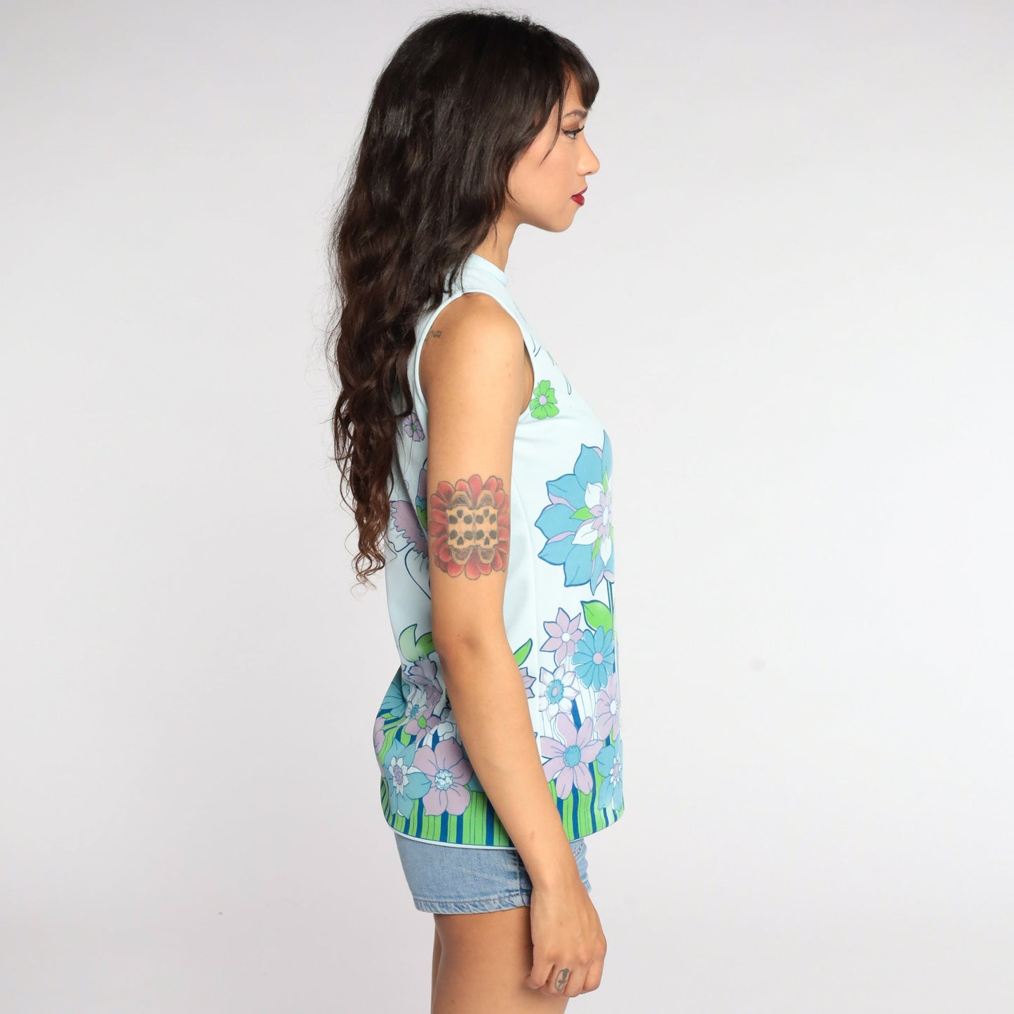 70s Butterfly Floral Tank Top Blue Psychedelic Sleeveless Blouse Small