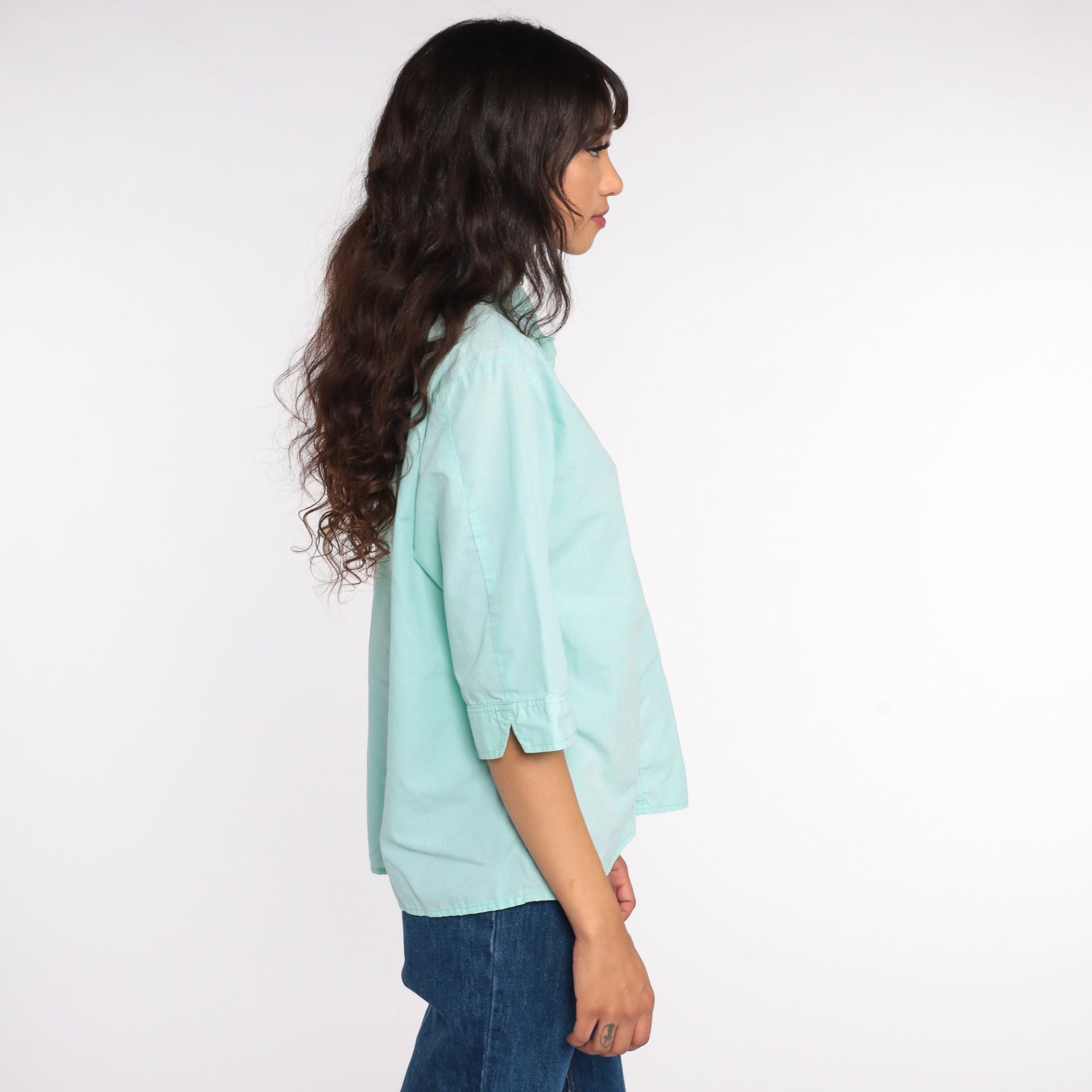 80s Aqua Blue Cotton Button-Up Blouse 3/4 Sleeve Collared Shirt Large