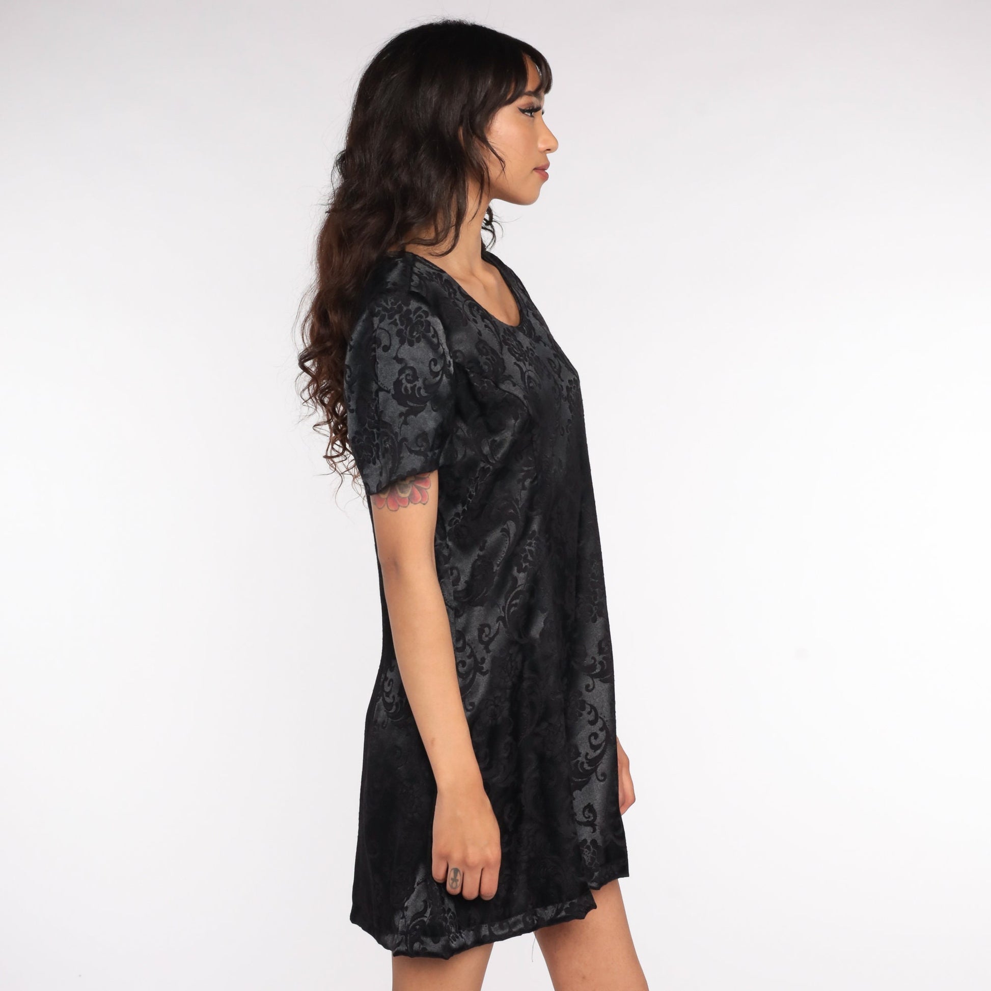 90s Black Satin Shift Mini Dress Floral Cage Back Rhinestone Medium