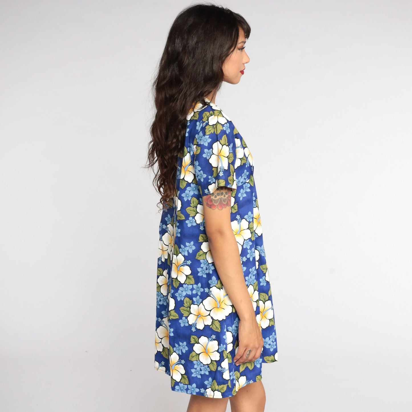 90s Floral Tropical Mini Dress Hibiscus Print Shift Blue Small