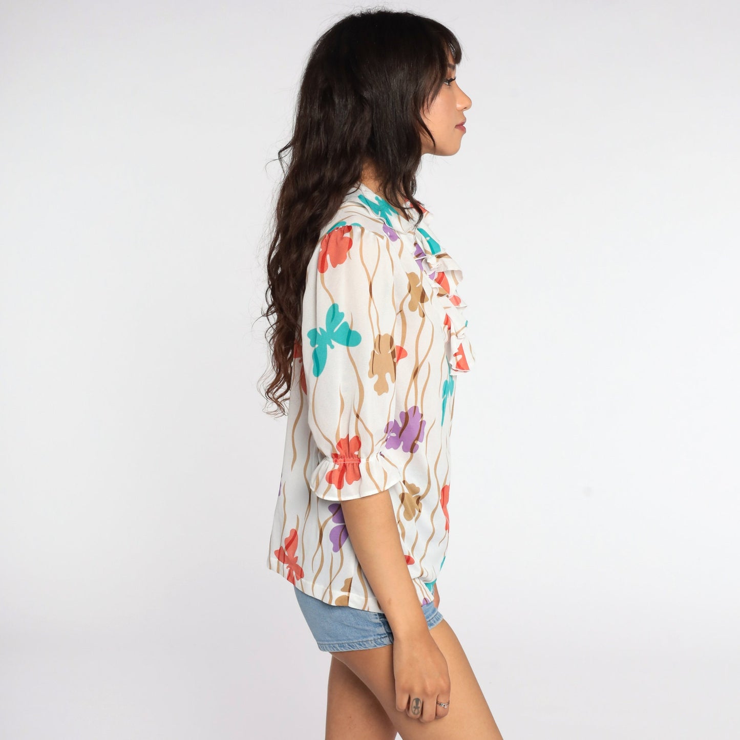 70s Butterfly Print Puff Sleeve Blouse Ruffle Neck Button Up Medium