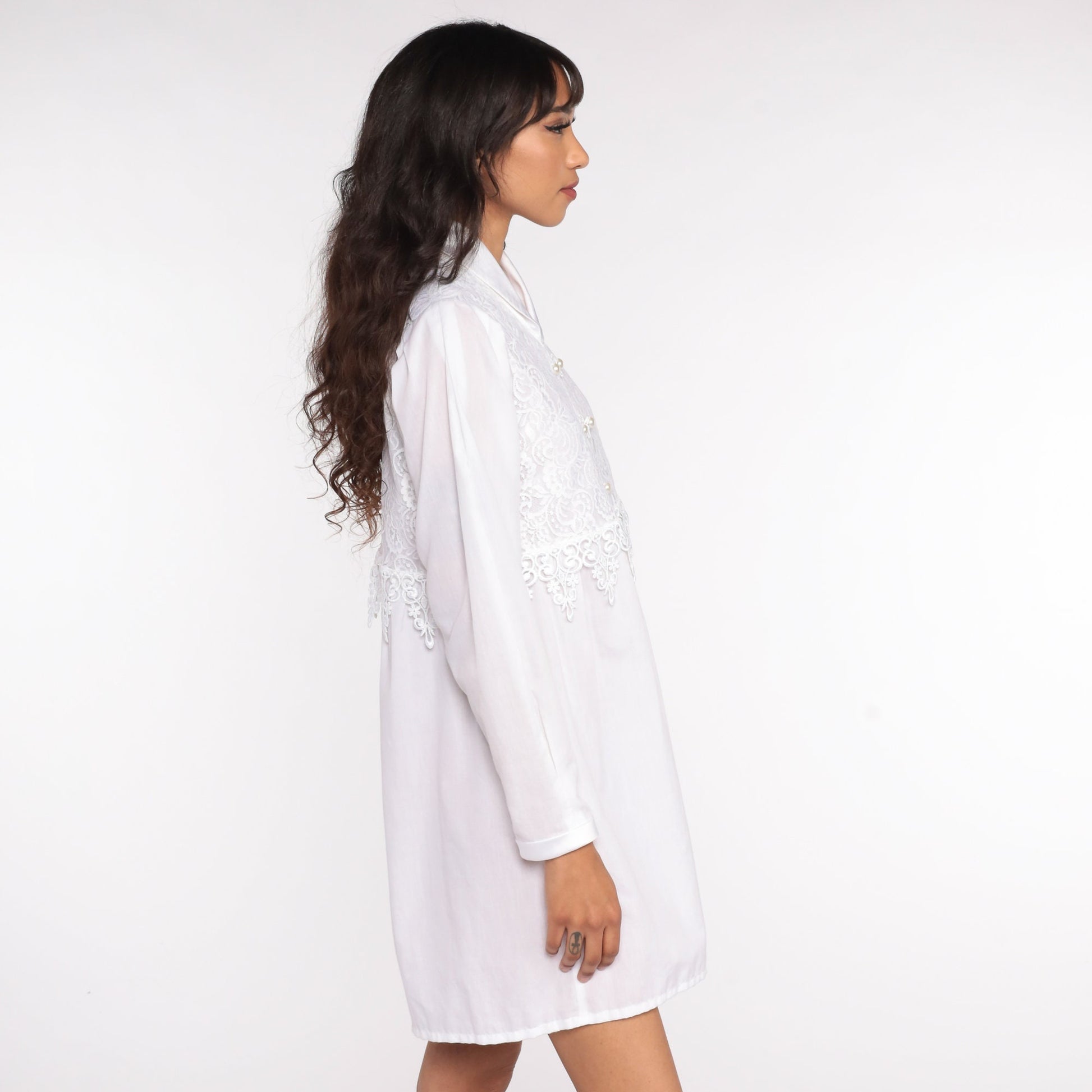 80s White Lace Mini Dress Puff Sleeve Front Zip Covenant Apparel Extra Small