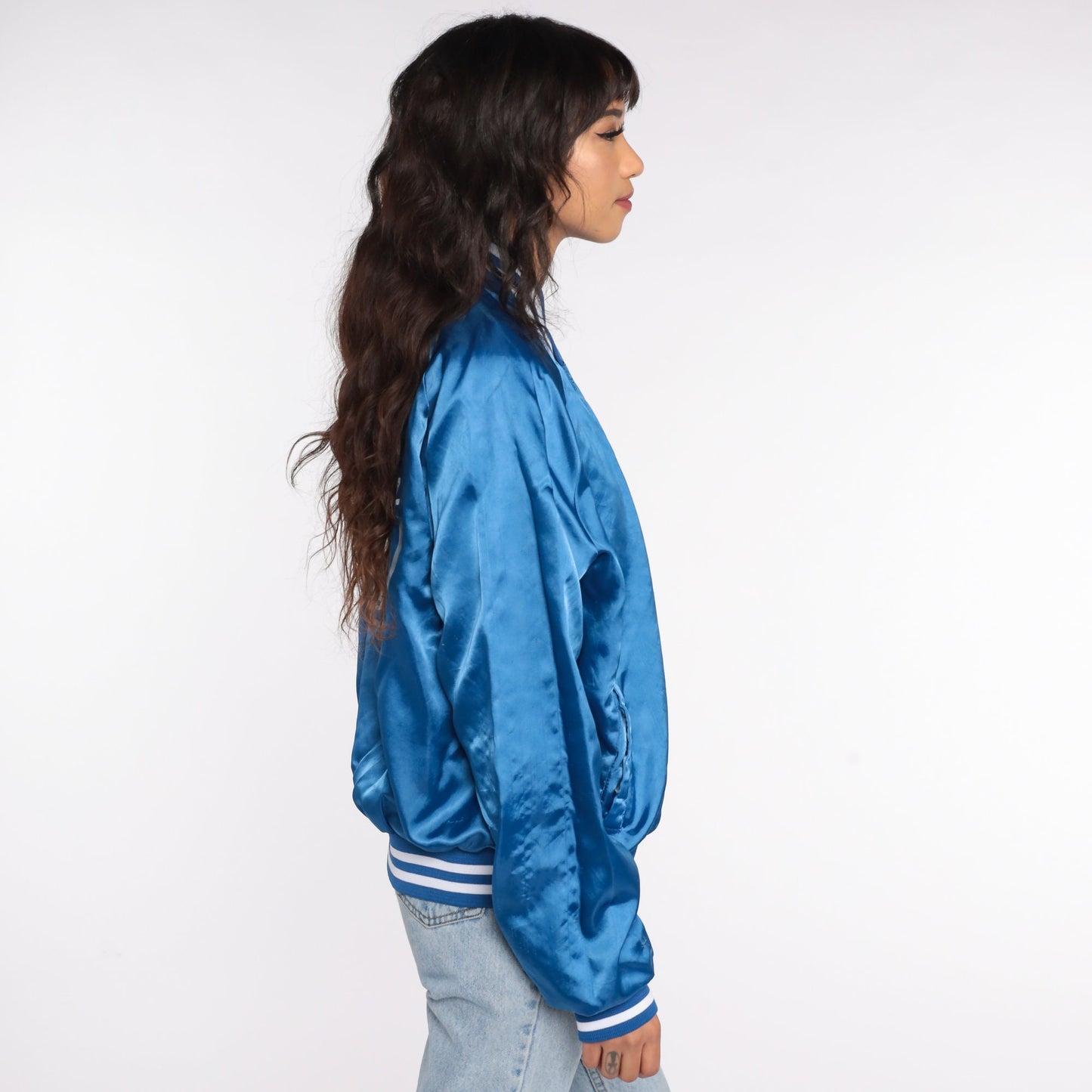 80s Bird City Kansas Satin Bomber Jacket Blue Snap Centennial XXL