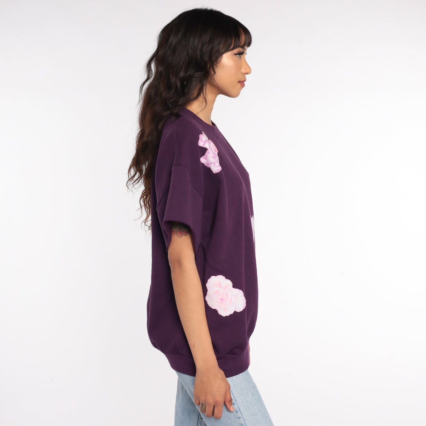 80s Jerzees Floral Short Sleeve Sweatshirt Purple Extra Large XL