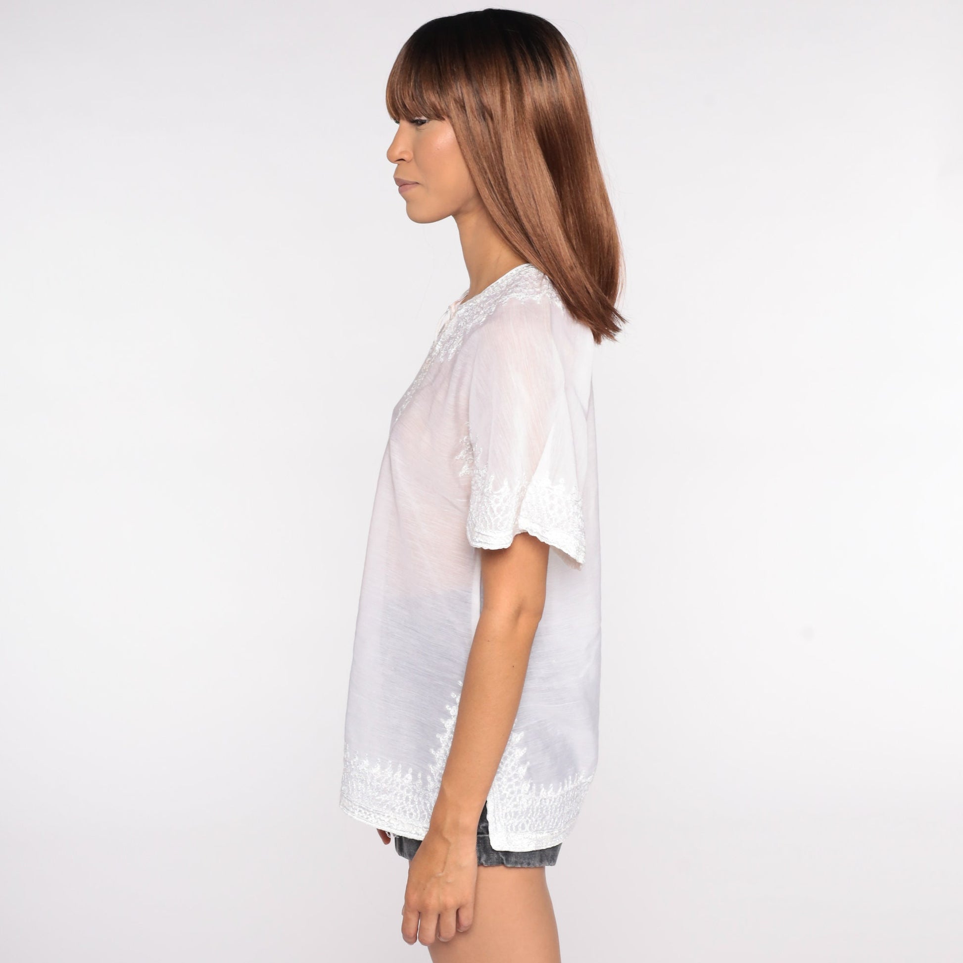 00s Sheer White Embroidered Floral Blouse Short Sleeve Top Small S