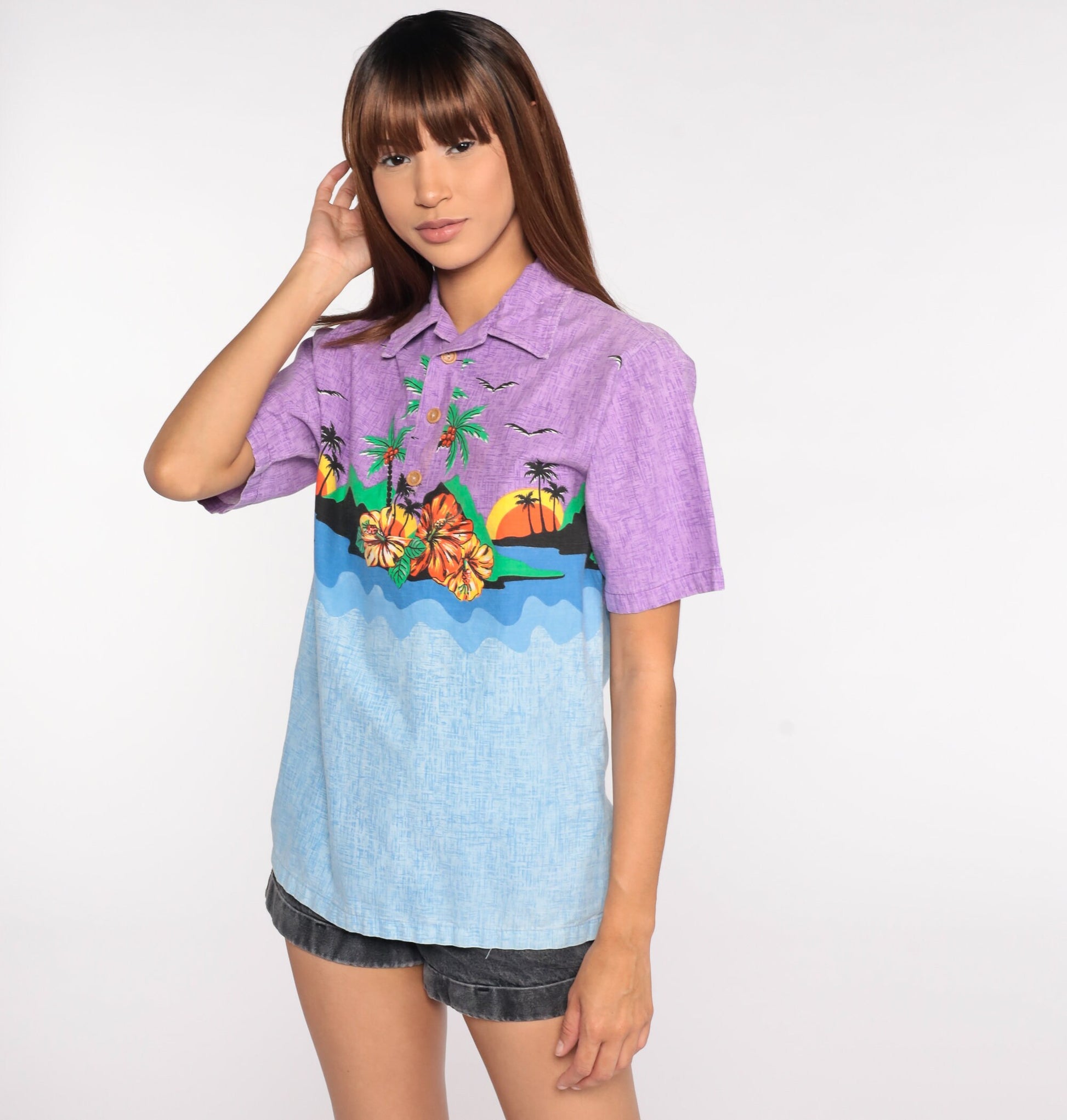 70s Tropical Palm Tree Flower Print Button-Up Shirt Blue Purple Cotton Medium