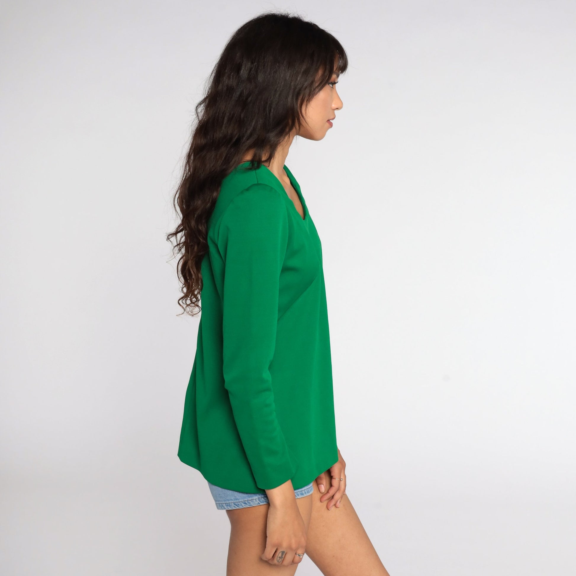 70s Kelly Green Long Sleeve Scoop Neck Shirt Polyester Small Medium