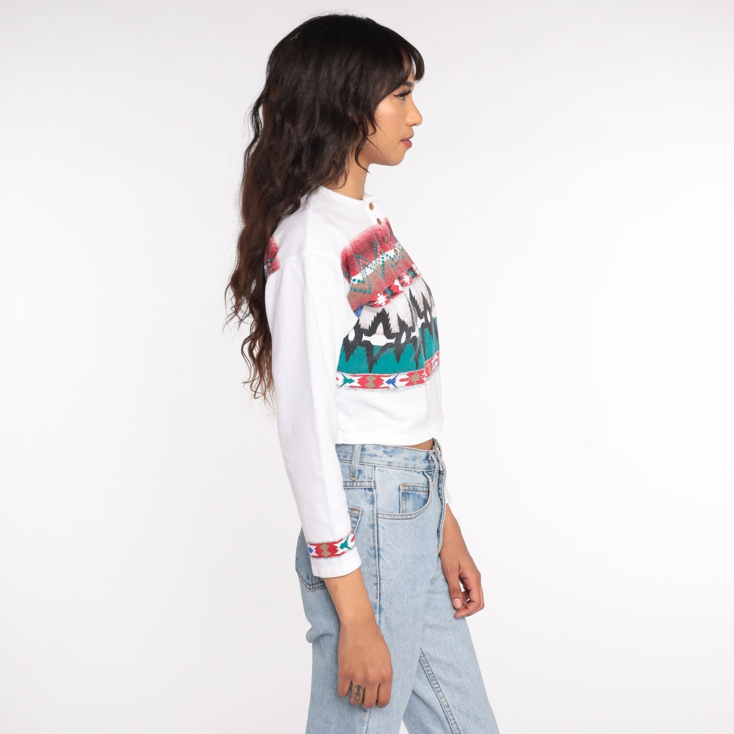 80s Southwestern Geometric Crop Top Striped Long Sleeve Cotton Medium
