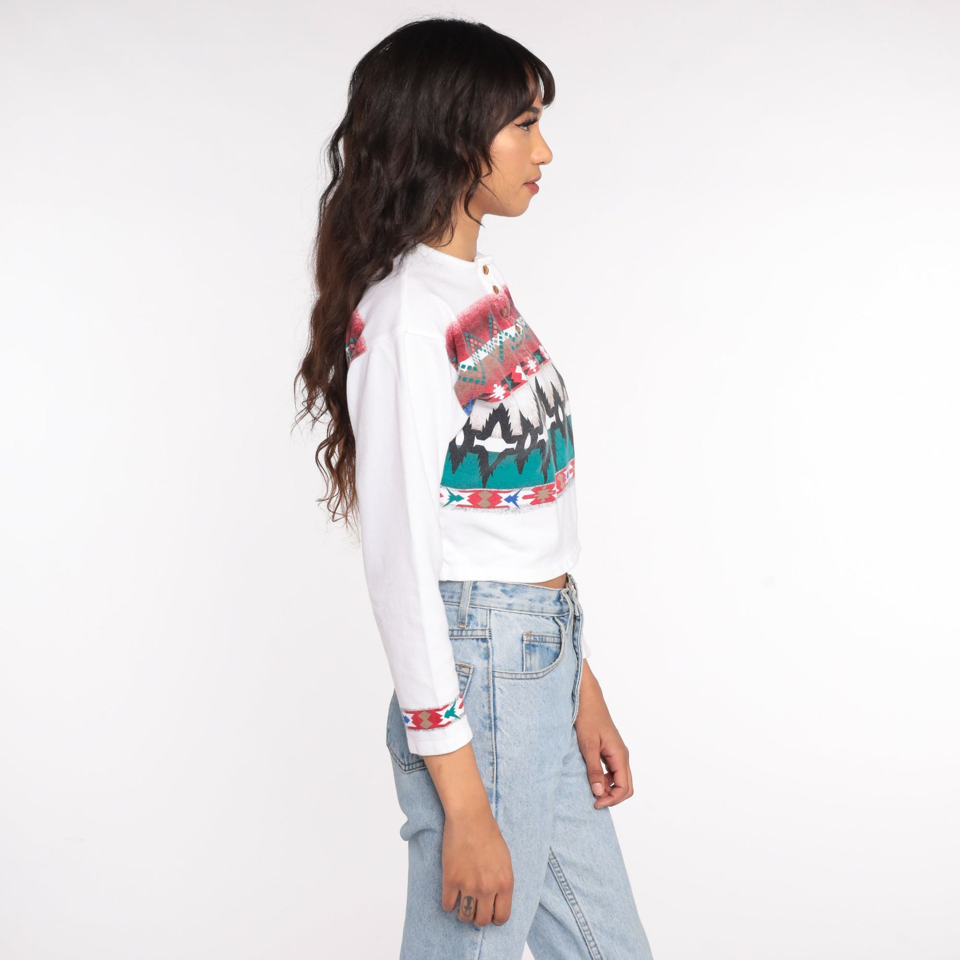 80s Southwestern Geometric Crop Top Striped Long Sleeve Cotton Medium