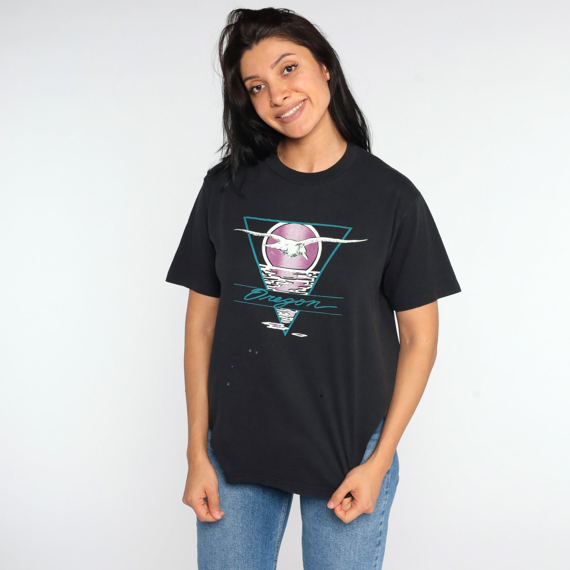 80s Oregon Seagull Graphic T-Shirt Jerzees Black Tee Medium