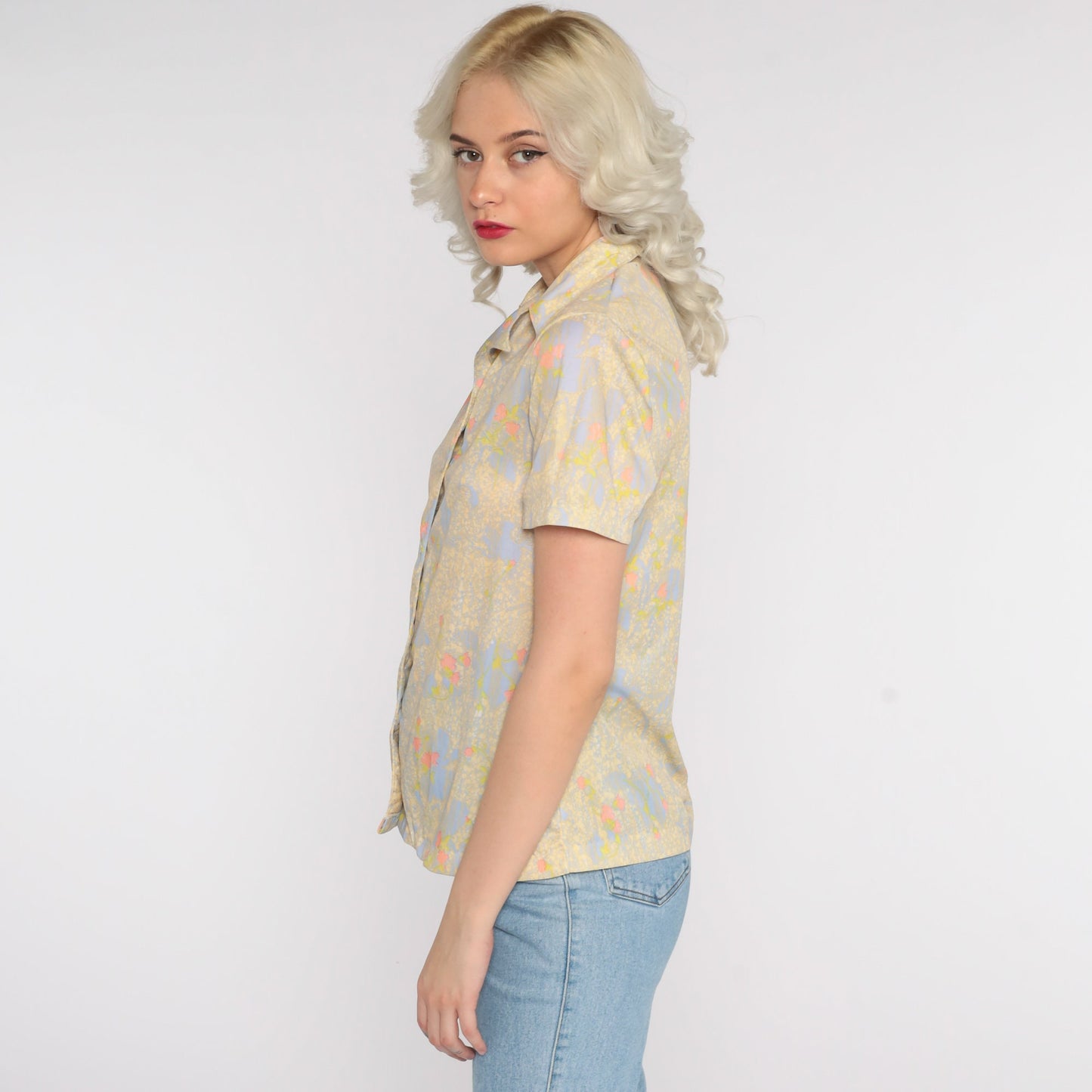 70s Abstract Floral Print Button-Up Blouse Yellow Purple Short Sleeve Small