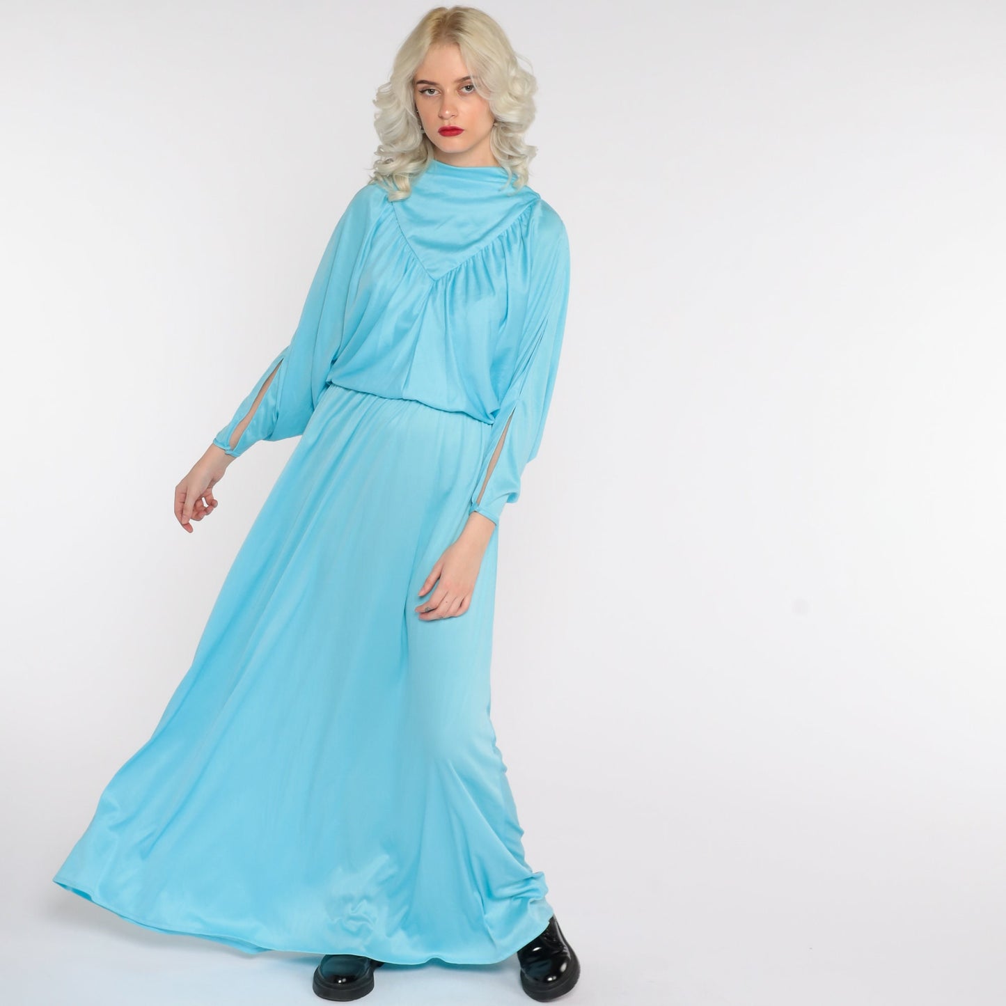 70s Blue Maxi Dress Split Sleeve Blouson Bodice Grecian Small Medium