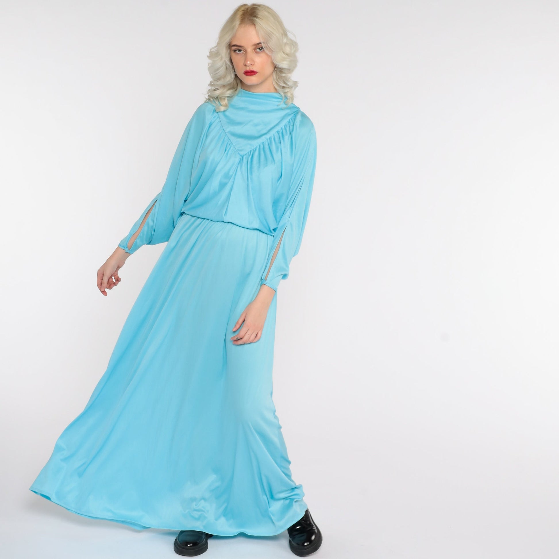 70s Blue Maxi Dress Split Sleeve Blouson Bodice Grecian Small Medium