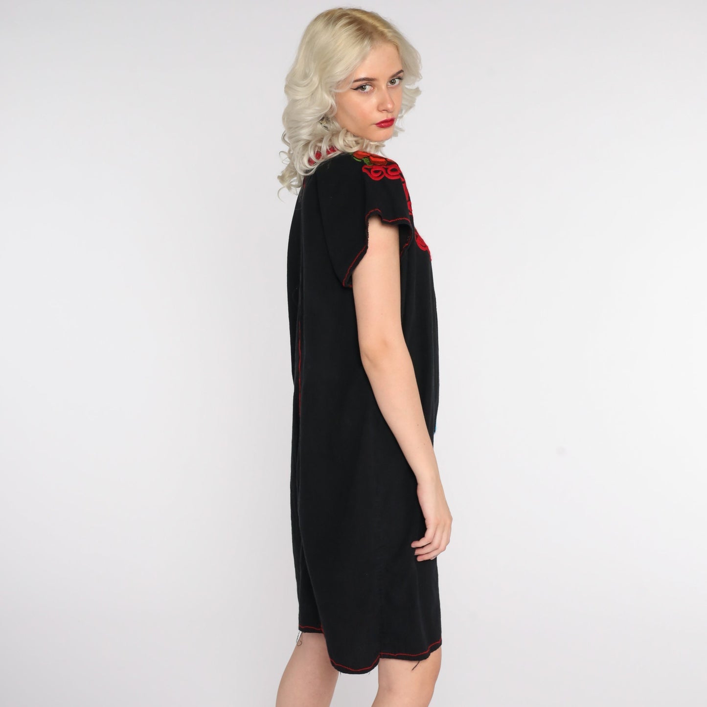 80s Black Cotton Mexican Tunic Dress Floral Embroidery Medium