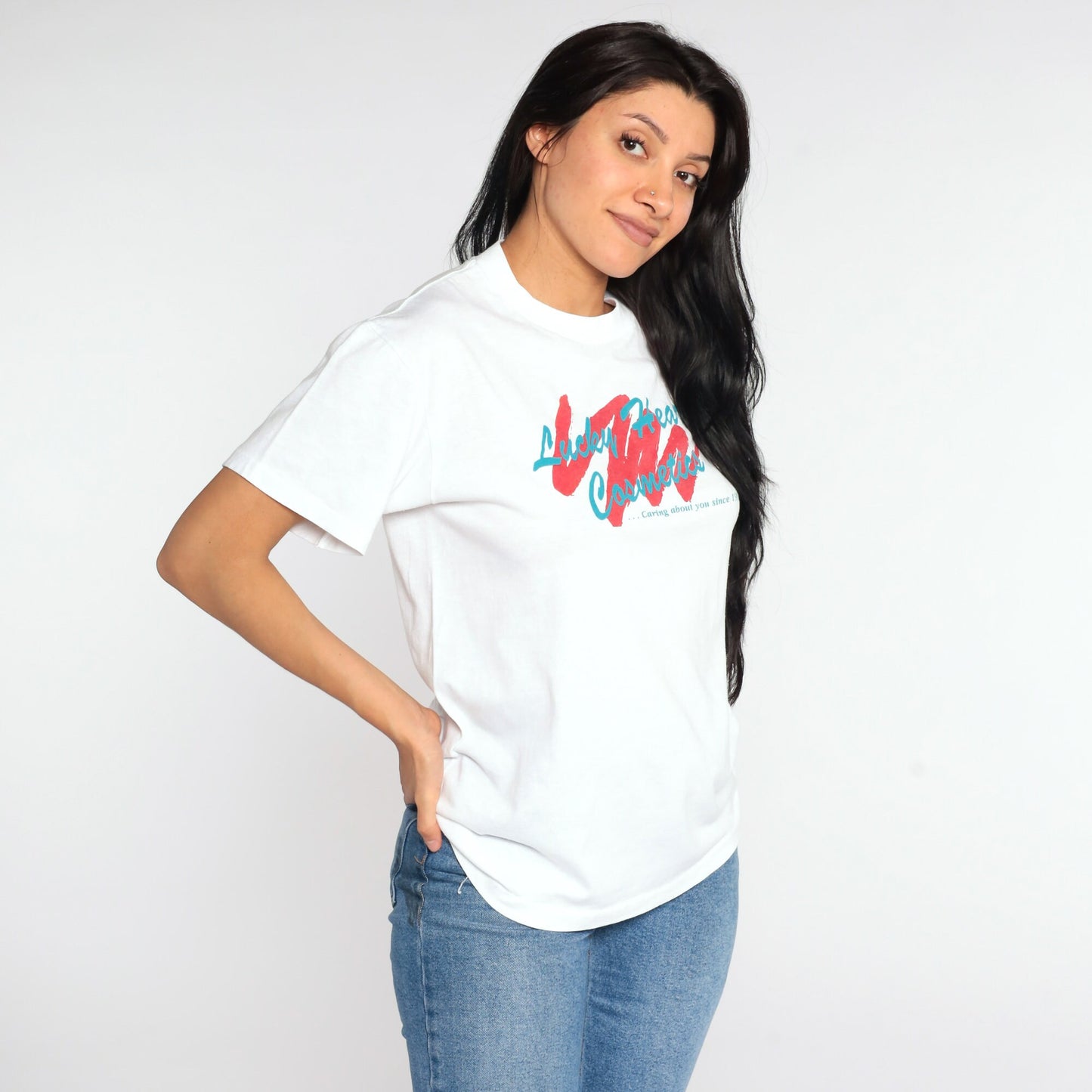Lucky Heart Cosmetics Graphic T-Shirt Single Stitch White Vintage Tee Large