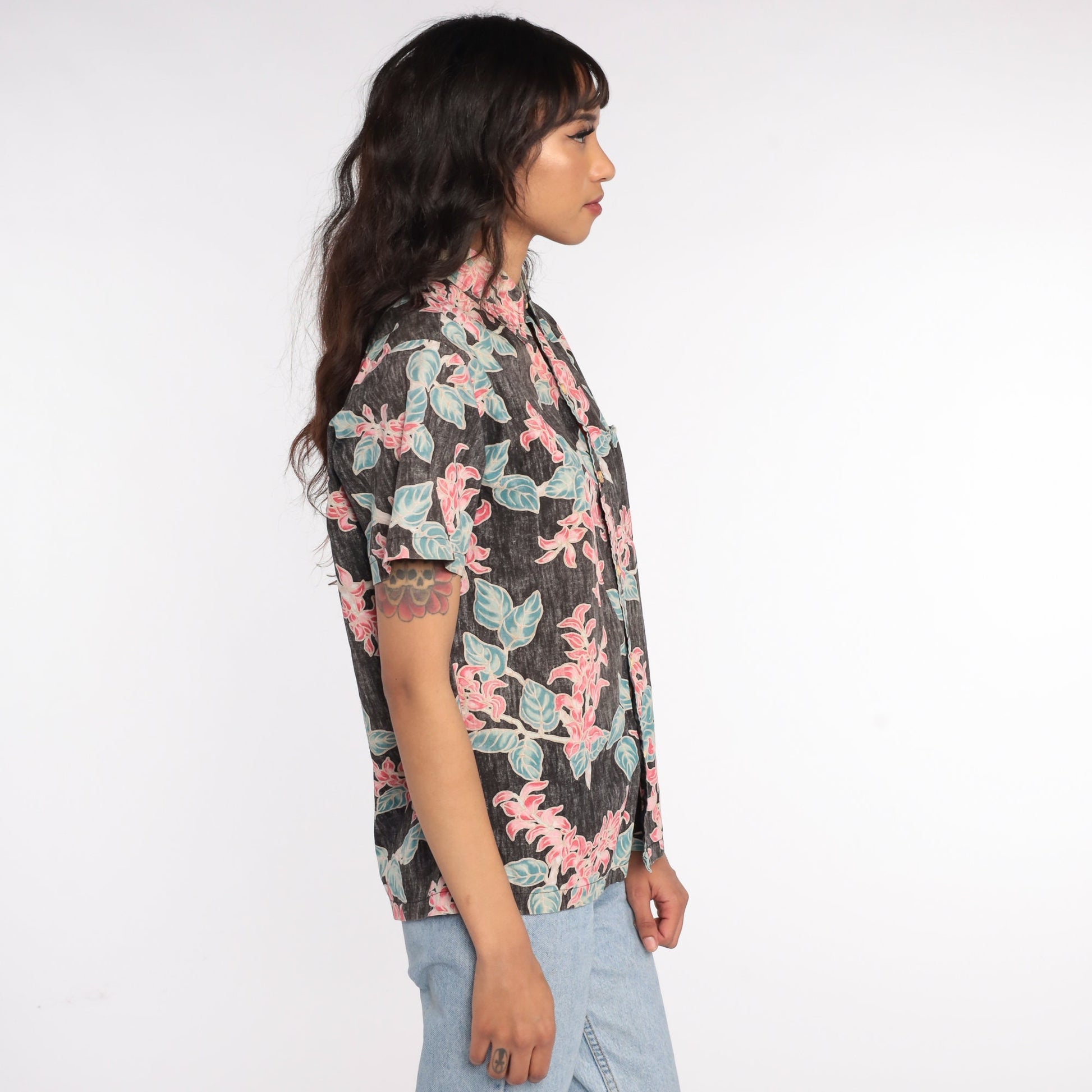 80s Cooke Street Hawaiian Shirt Tropical Floral Black Button Up Small