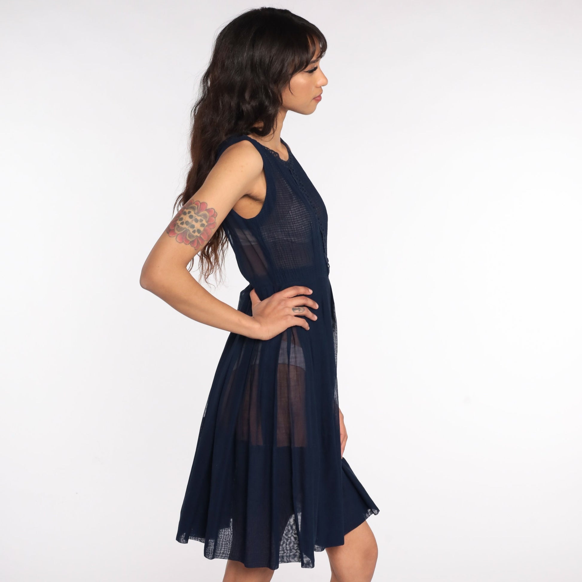 60s Navy Sheer Dress Lace Trim Pleated High Waist Knee Length Extra Small