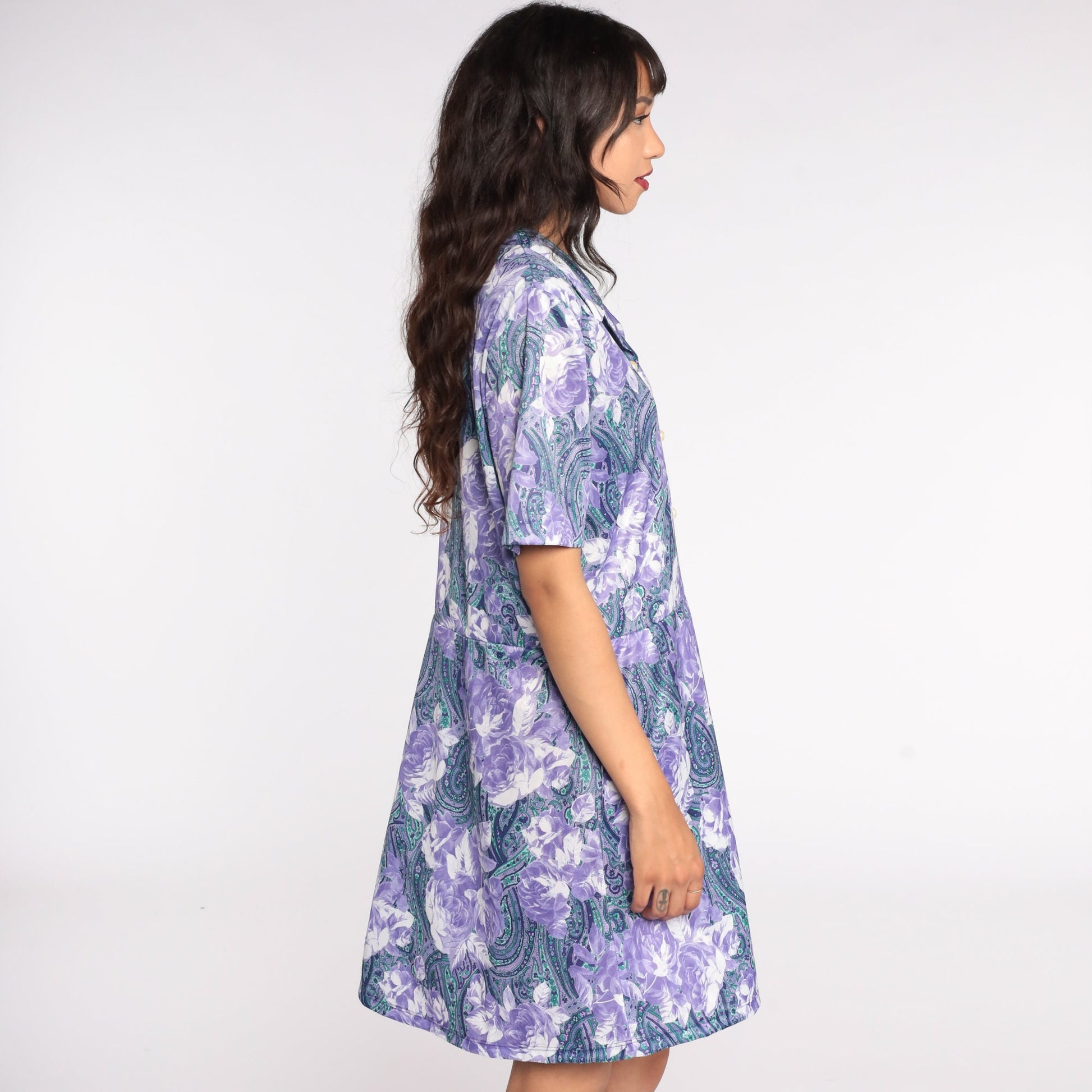 80s Purple Floral Mini Dress High Waisted Button Front Short Sleeve Large
