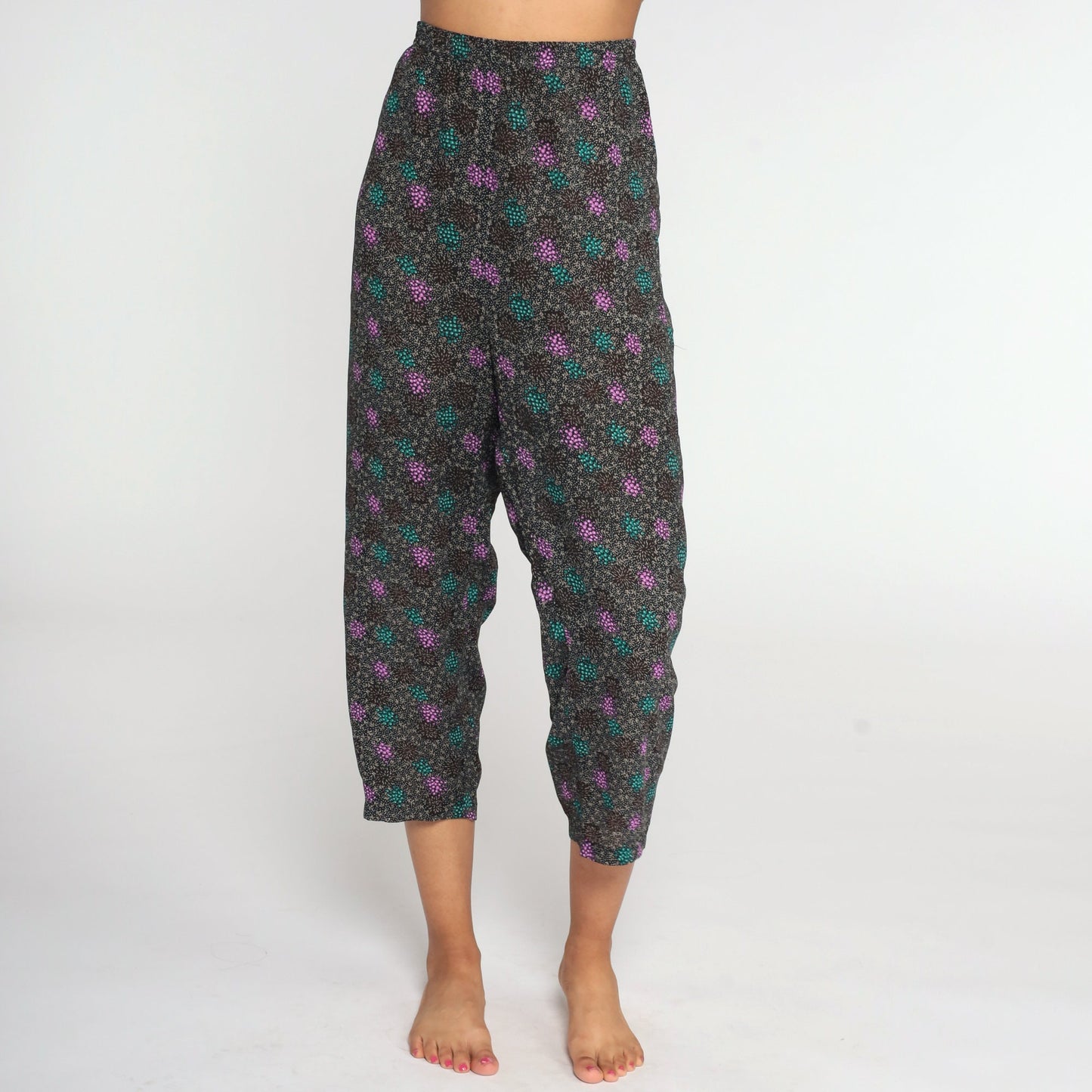 80s High-Waisted Tapered Ankle Pants Black Geometric Medium Large