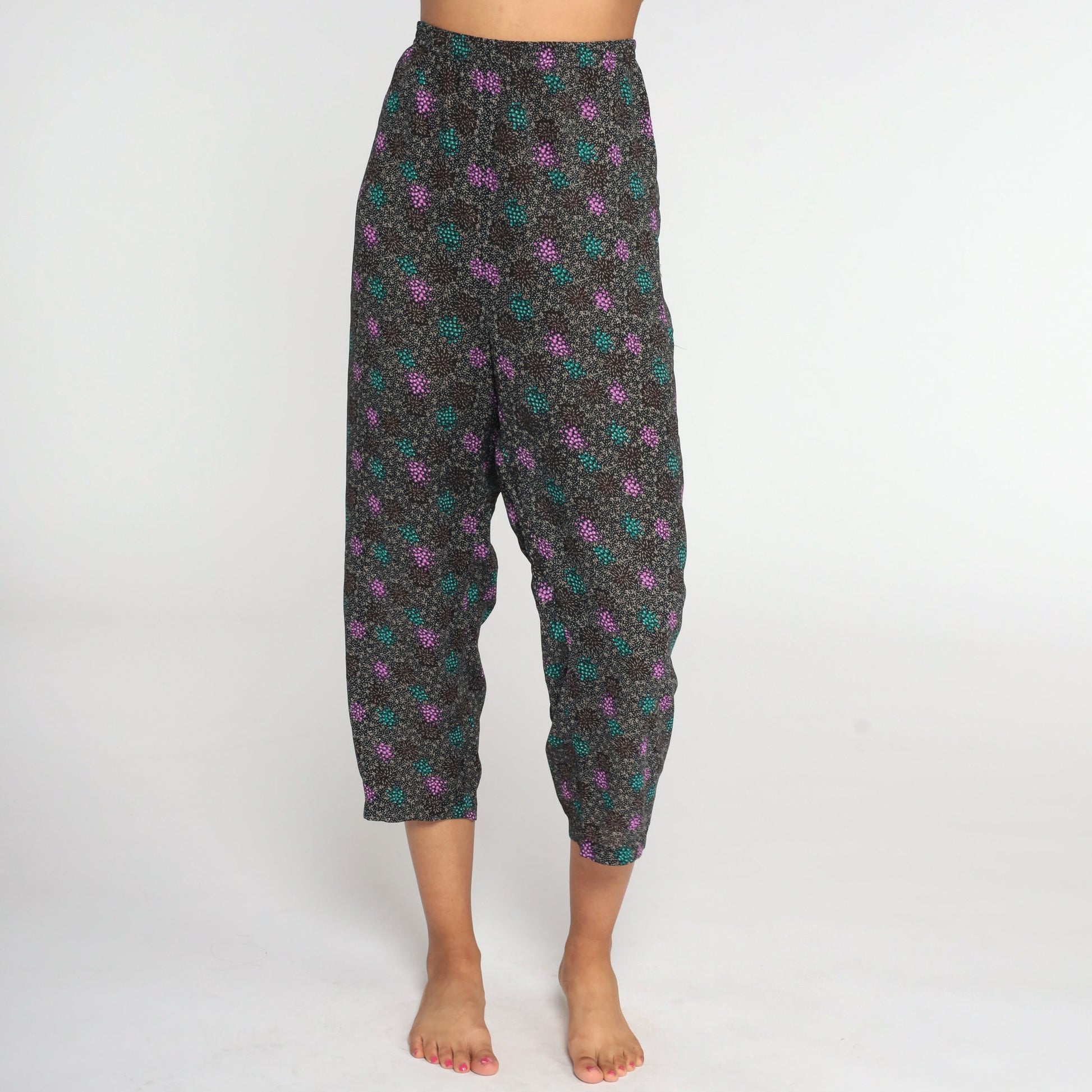 80s High-Waisted Tapered Ankle Pants Black Geometric Medium Large