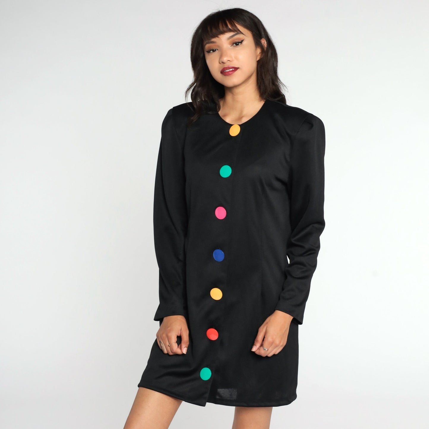 80s Black Mini Dress Rainbow Button Up Long Sleeve Sheath Large 12