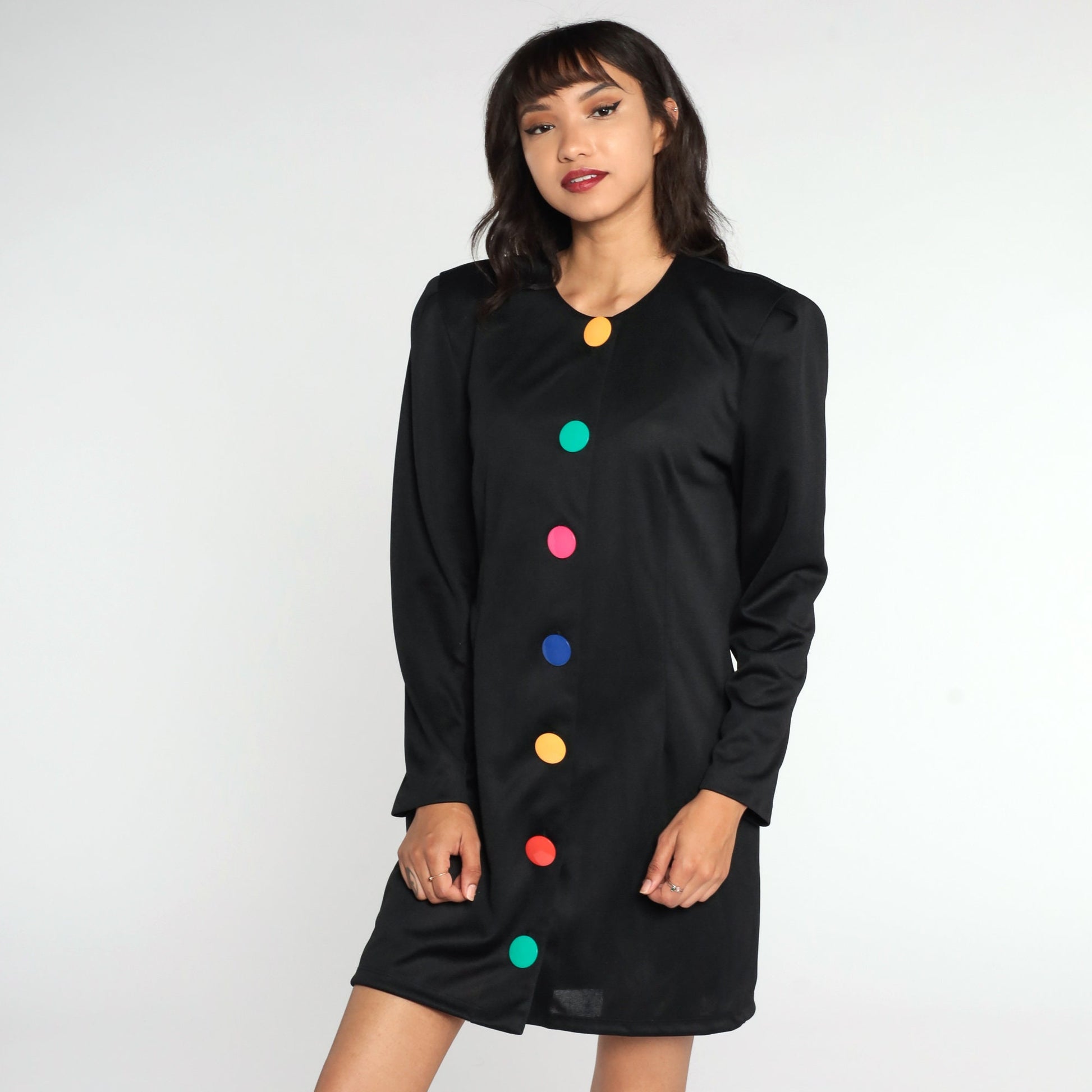 80s Black Mini Dress Rainbow Button Up Long Sleeve Sheath Large 12