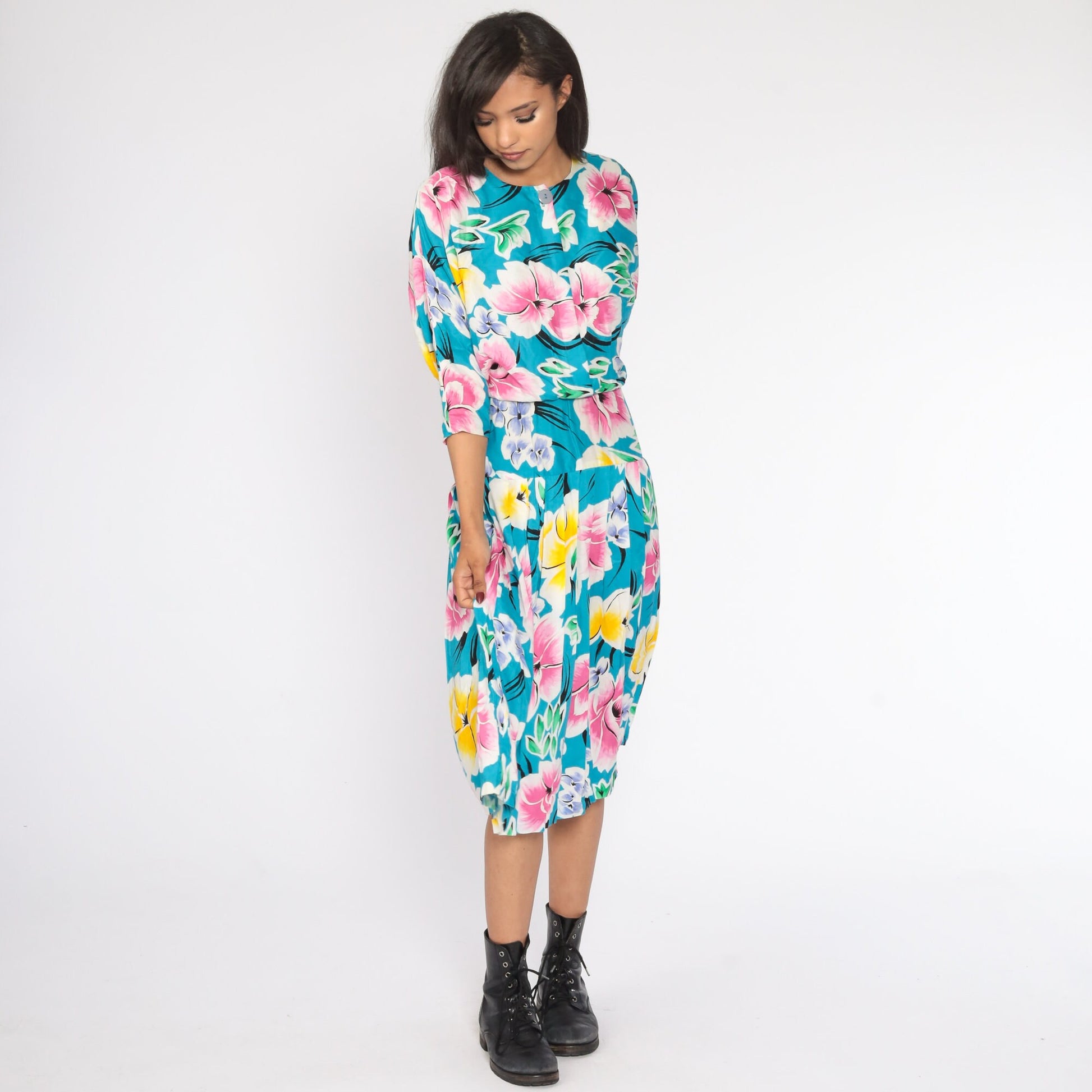 80s Floral Midi Dress Turquoise Drop Waist Button Up 3/4 Sleeve Small