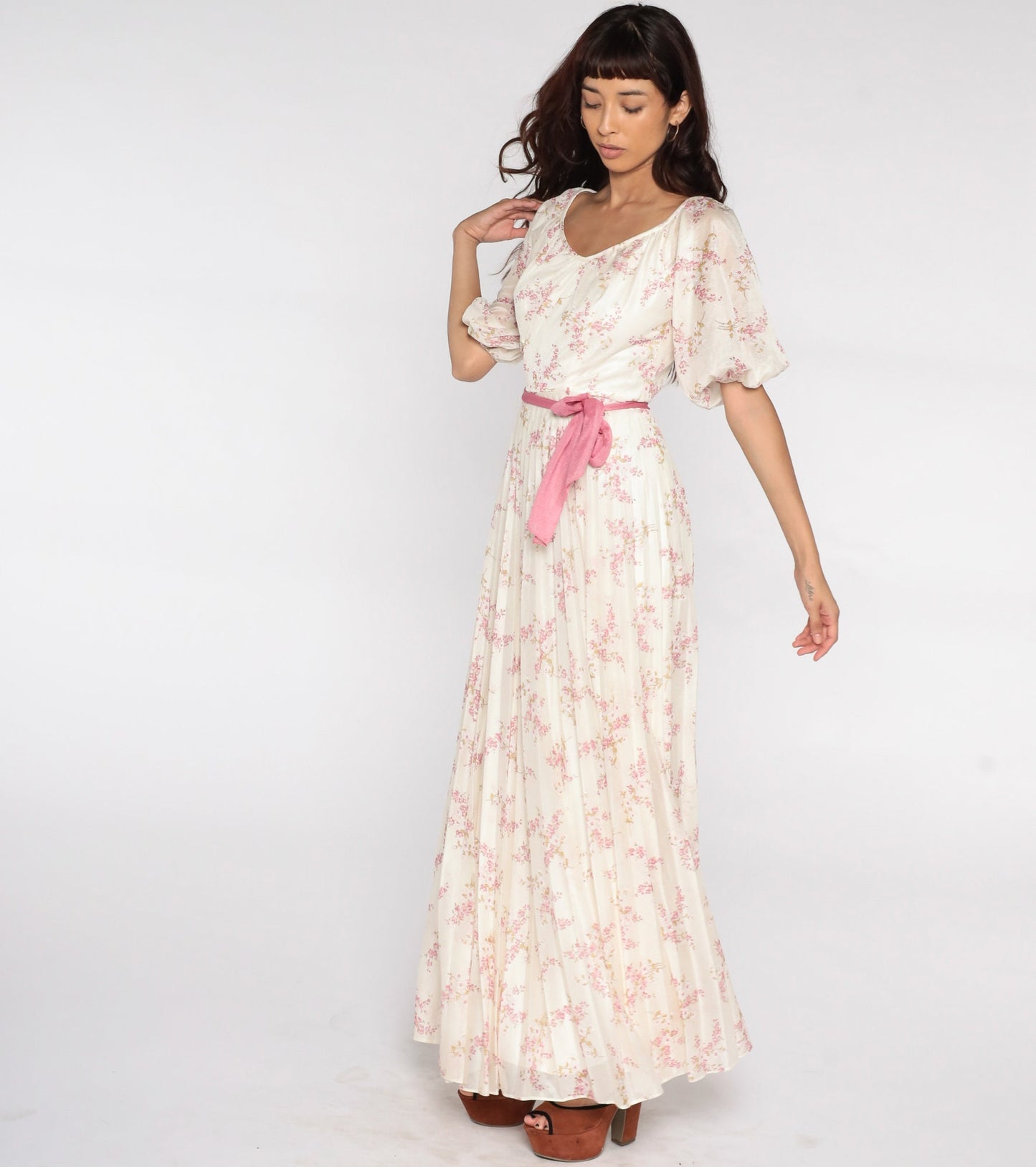 70s Floral Maxi Dress Off-White Pink High Waist Pleated Small