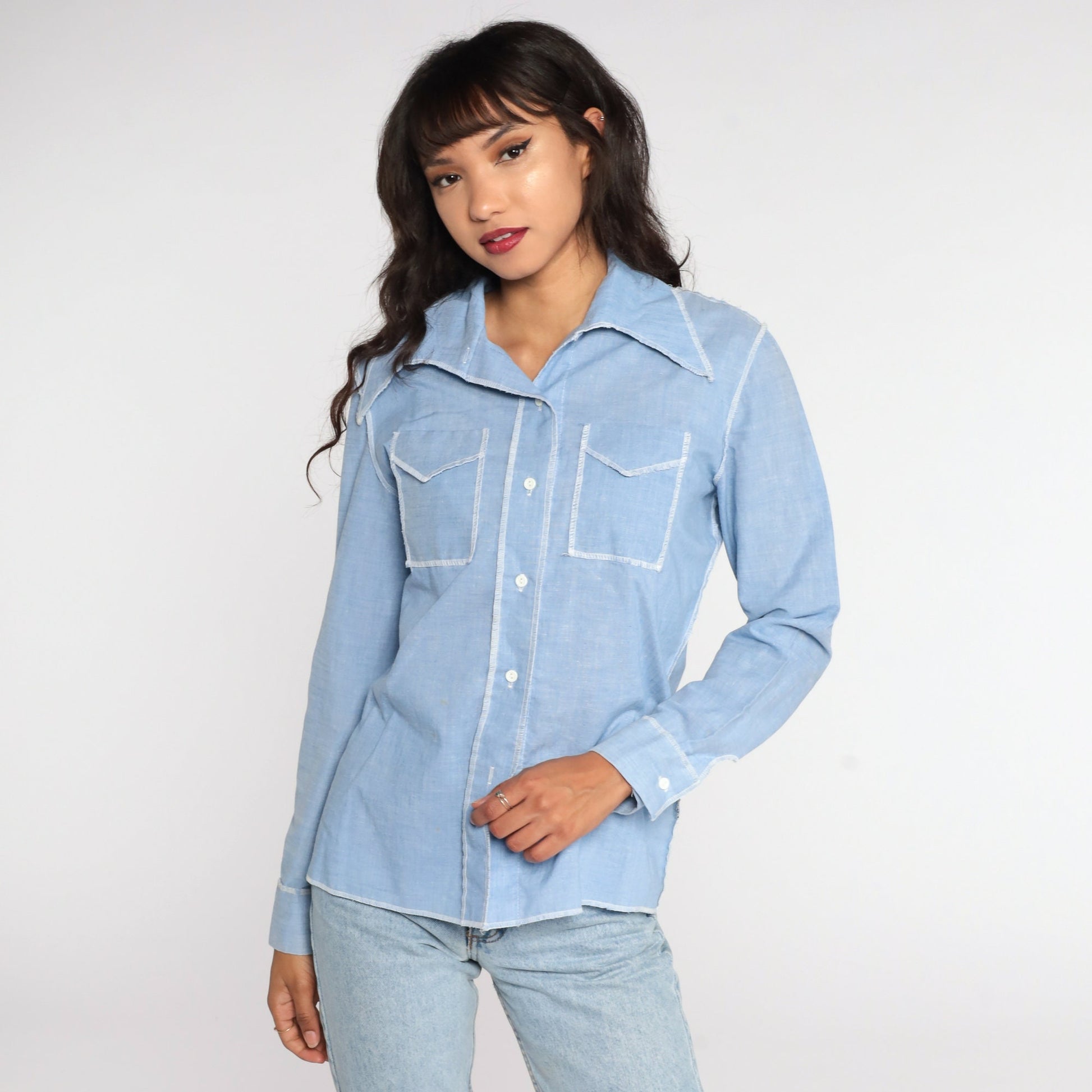 70s Blue Chambray Cotton Button-Up Shirt Long Sleeve Medium