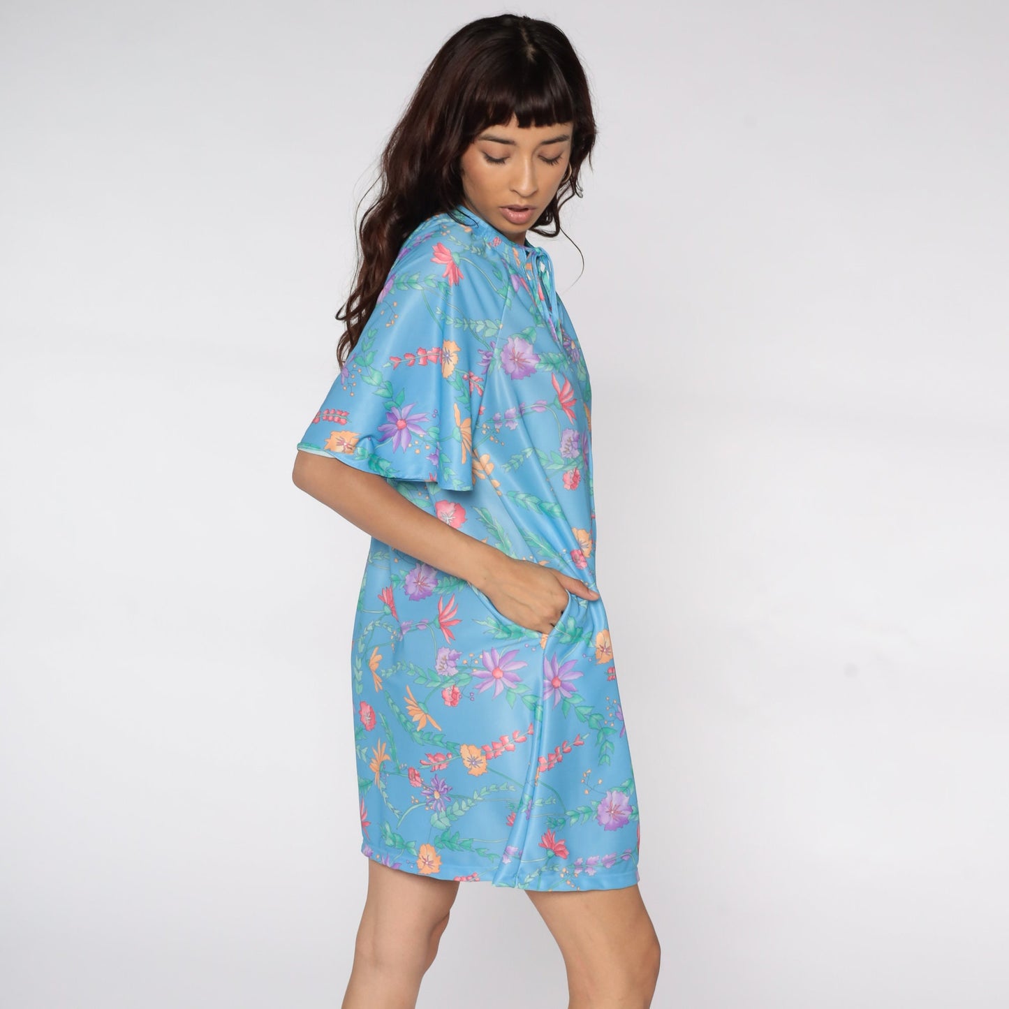 70s Blue Floral Mini Shift Dress Flutter Sleeve Front Zip Lounge Small